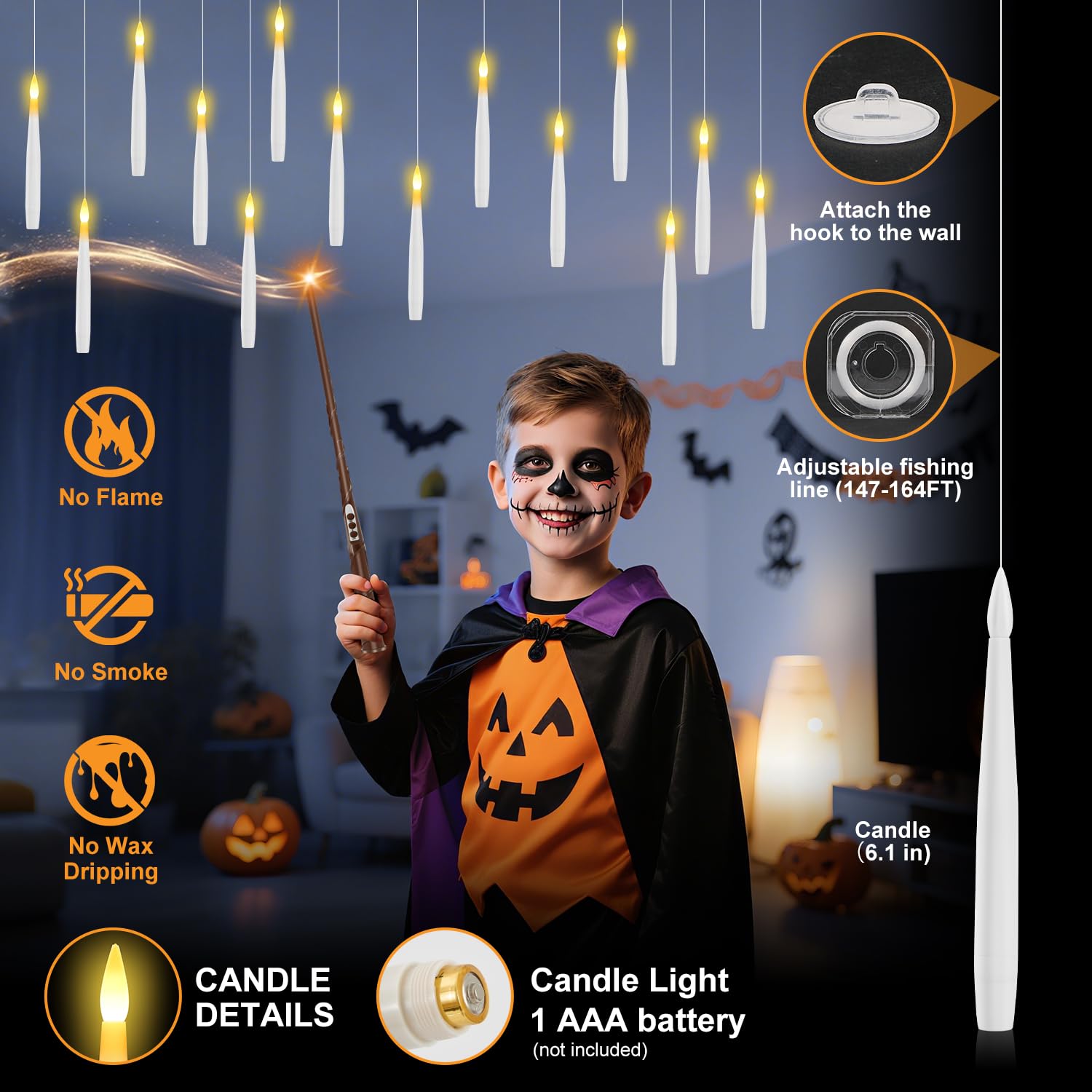 wxnlo Floating Candles with Wand, 20 Pcs Magic Hanging Flameless LED Candles, Battery Operated Flickering Lights with Wand Remot