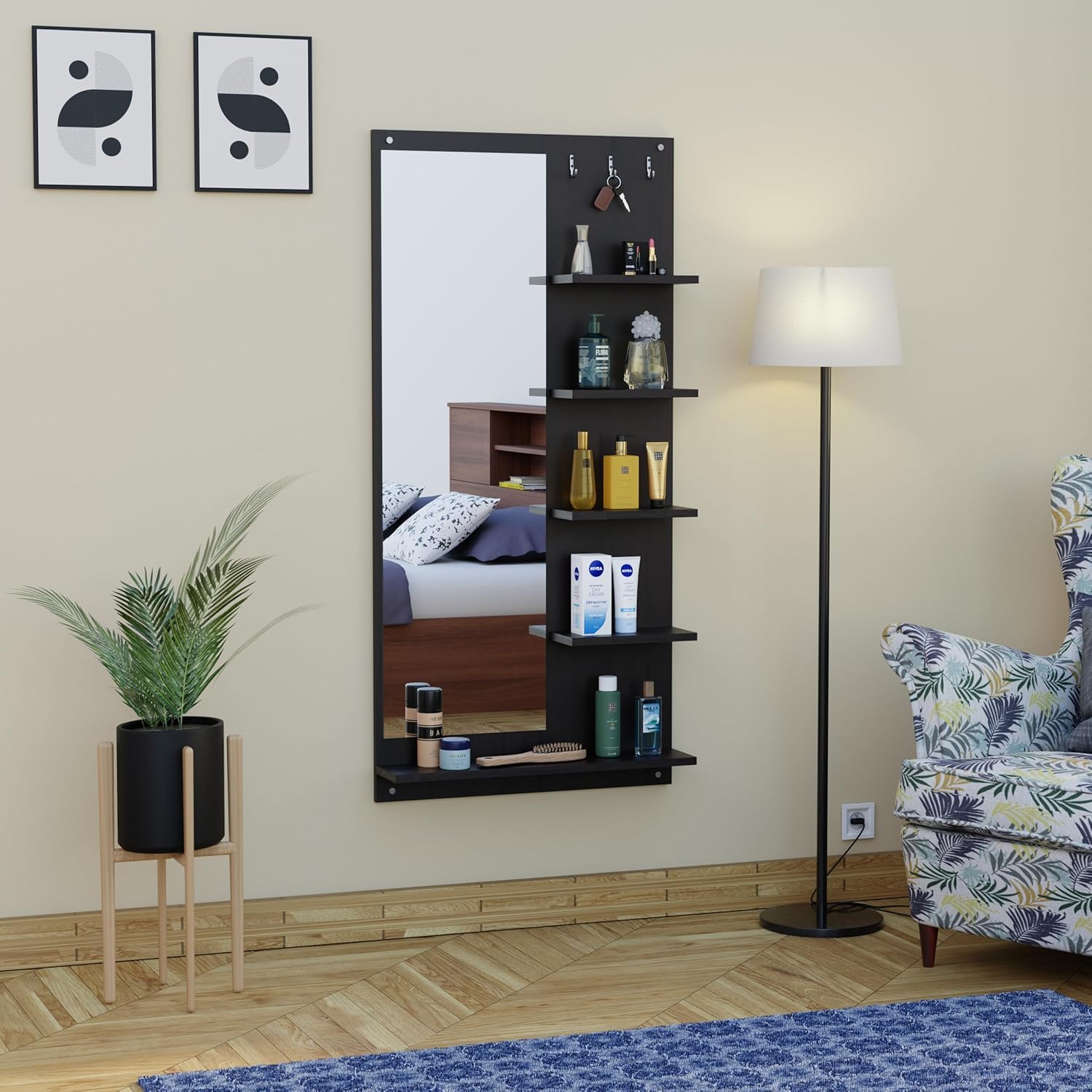 Mamta Decoration Engineered Wood Wall Mount Dressing Table Mirror With Shelves Storage For Living Room Bedroom Decorative Wall H