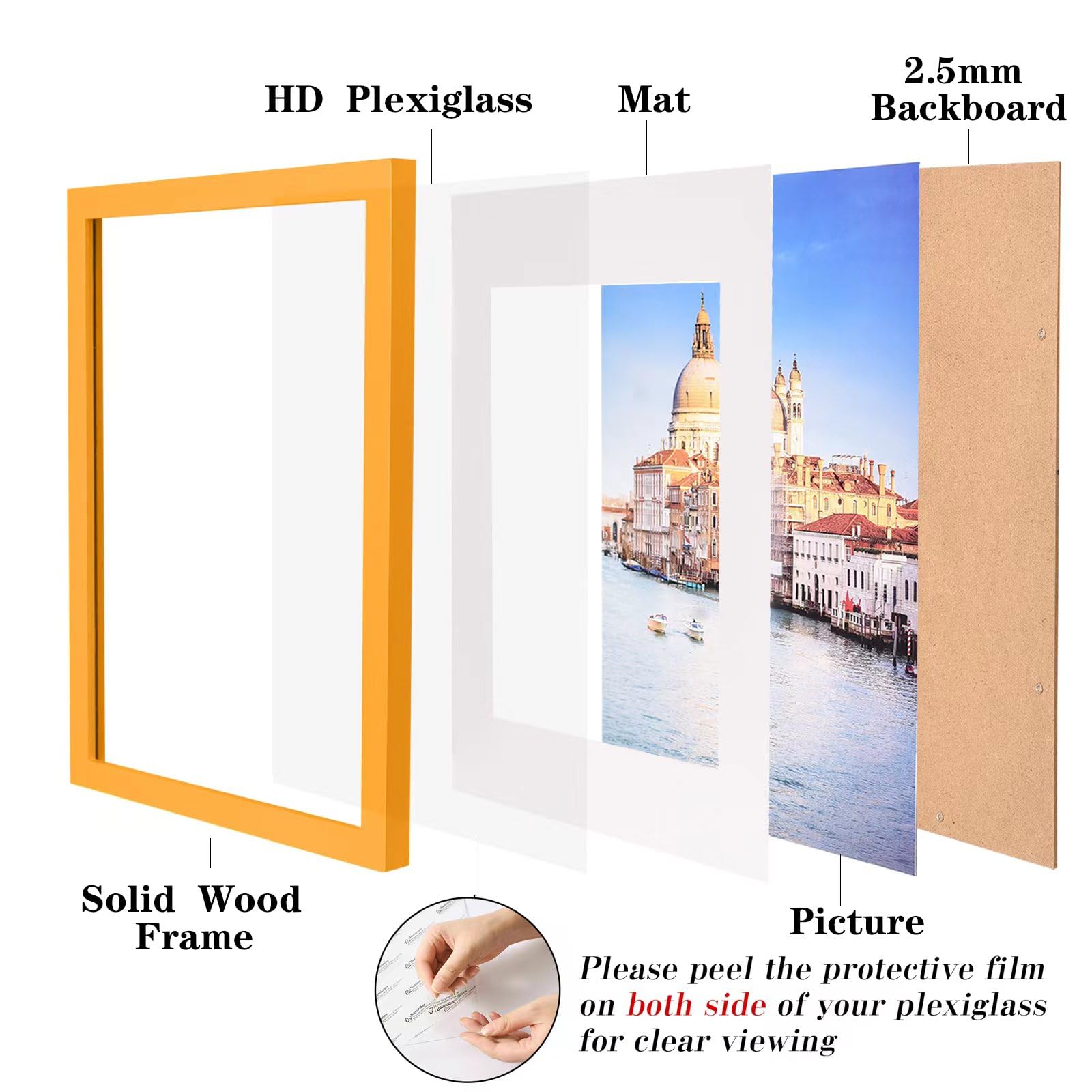 wyooxoo 12x16 Picture Frame Made of Solid Wood Orange Photo Frames Display Pictures 11x14 with Mat or 12x16 Without Mat Colorful