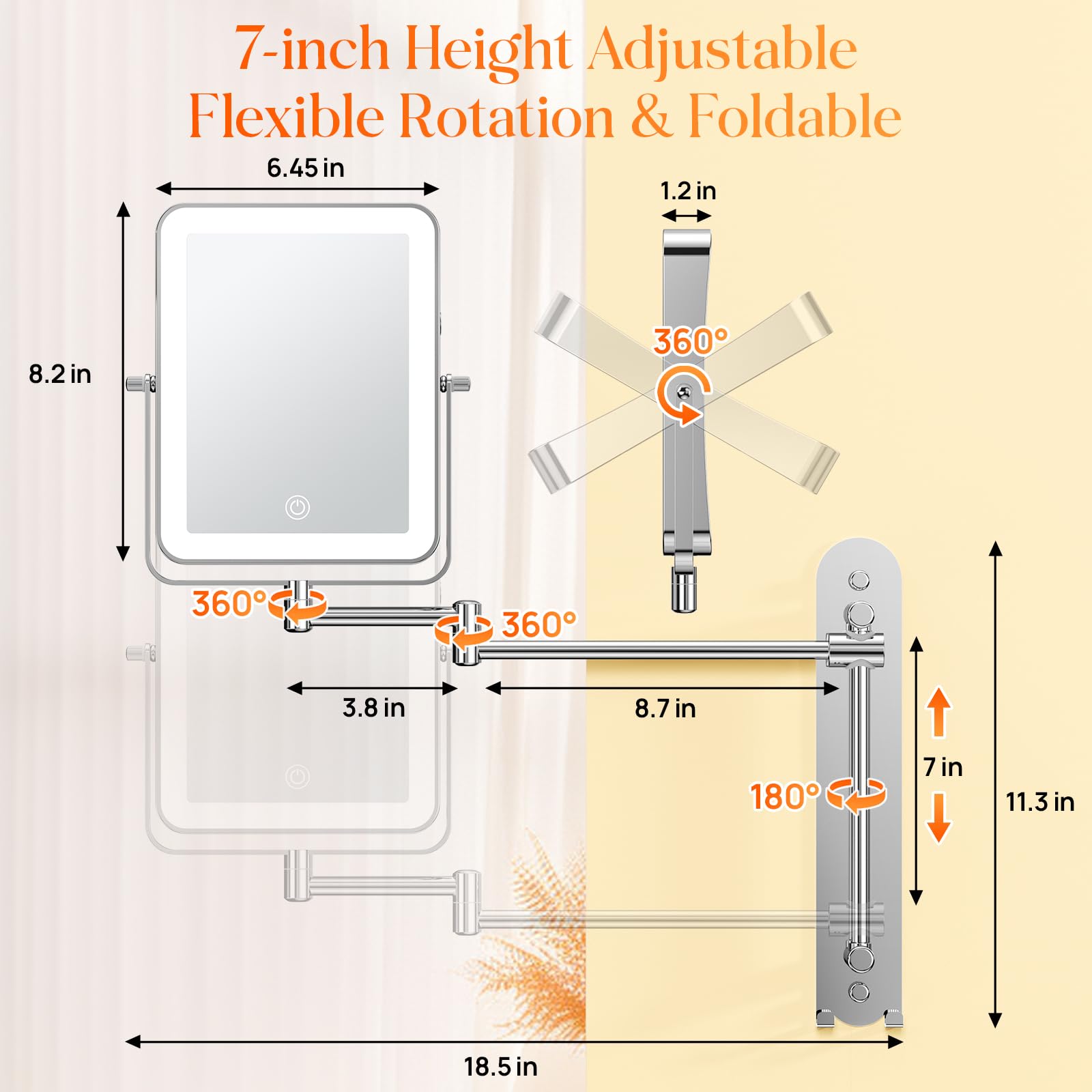 Gospire Height Adjustable Wall Mounted Lighted Makeup Mirror With Hooks, 3000Mah Rechargeable With 1X/10X Magnification, 3 Light