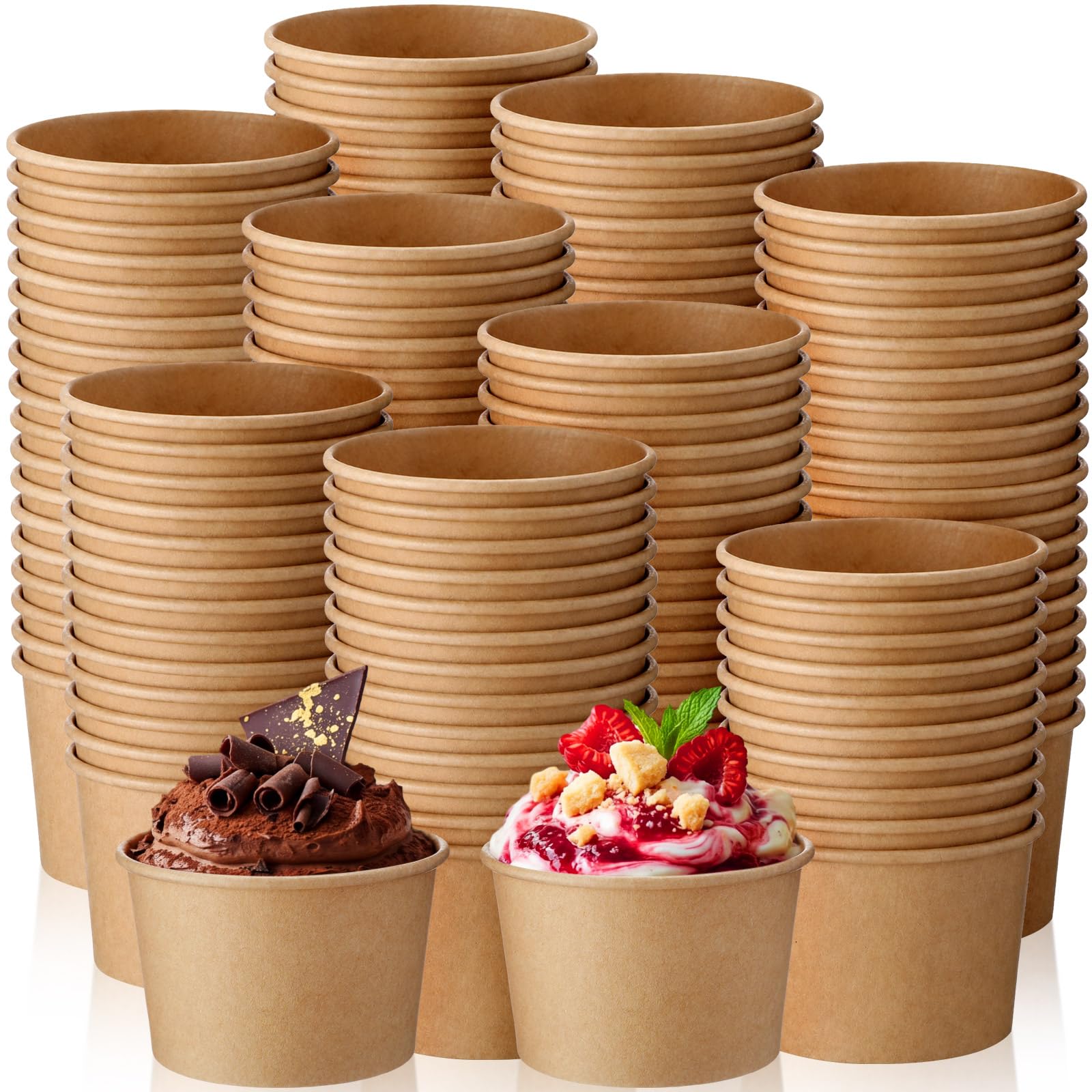 Honeydak 200 Pcs 4 oz Kraft Paper Ice Cream Cups Disposable Dessert Bowls for Hot or Cold Food Brown Paper Snack Containers for 