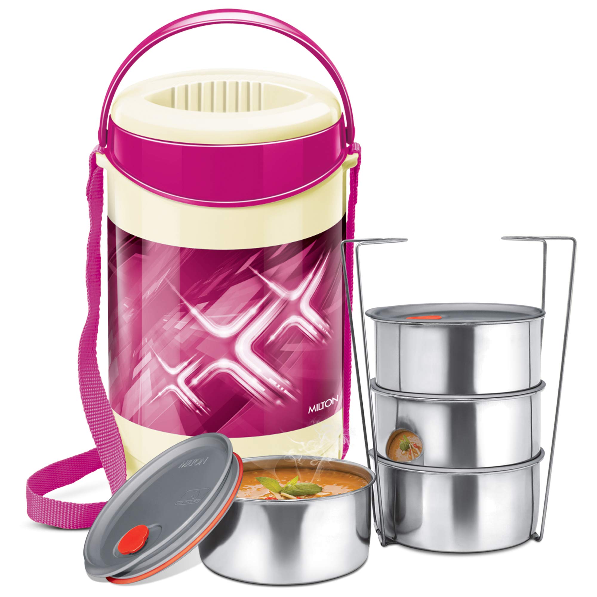 Milton Plastic Econa Deluxe 4 Container Pink Lunch Box Leak Lock Lid, Pink