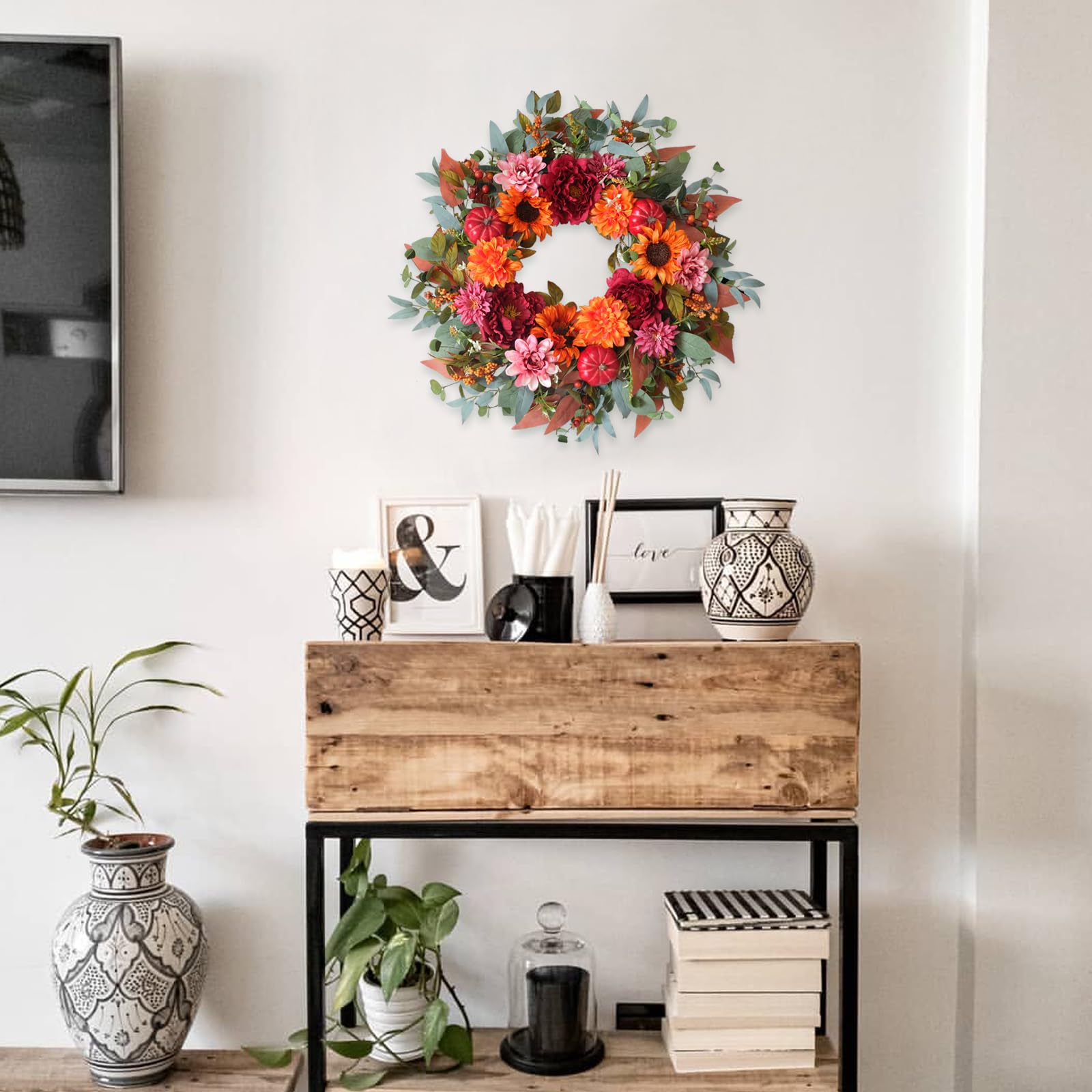 Egolot 24 Inch Fall Sunflower Peony Pumpkin Wreath for Front Door, Fall Thanksgiving Eucalyptus Boxwood Floral Wreaths for Indoo