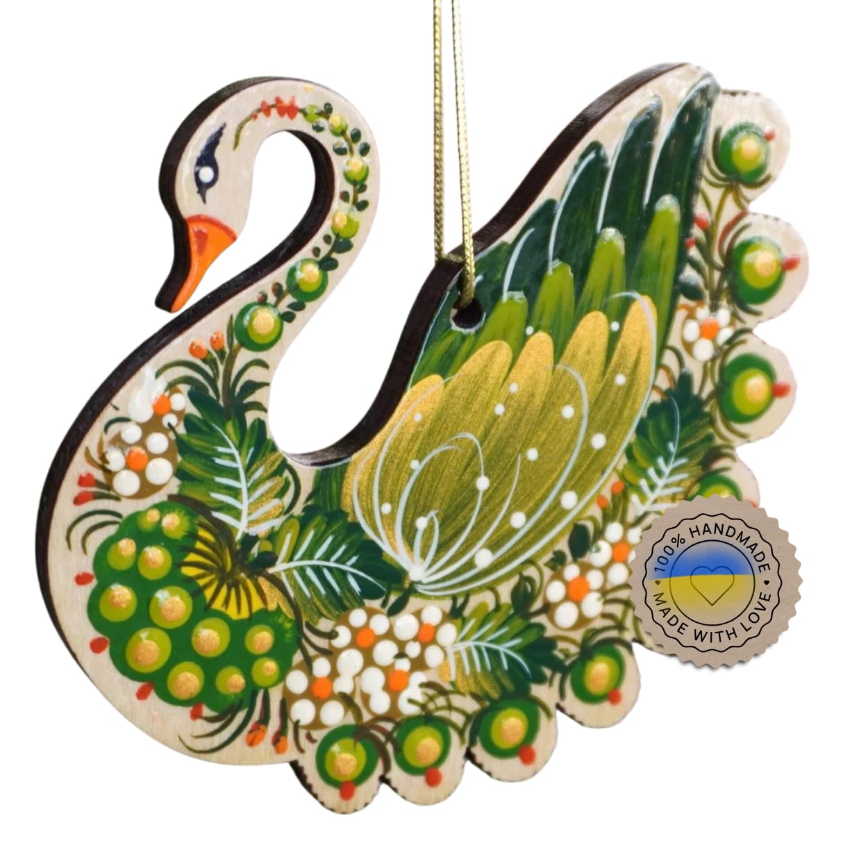 Christmas Swan Ornament Wooden Hand-Painted Ukrainian Petrykivka Folk Art Traditional Craft