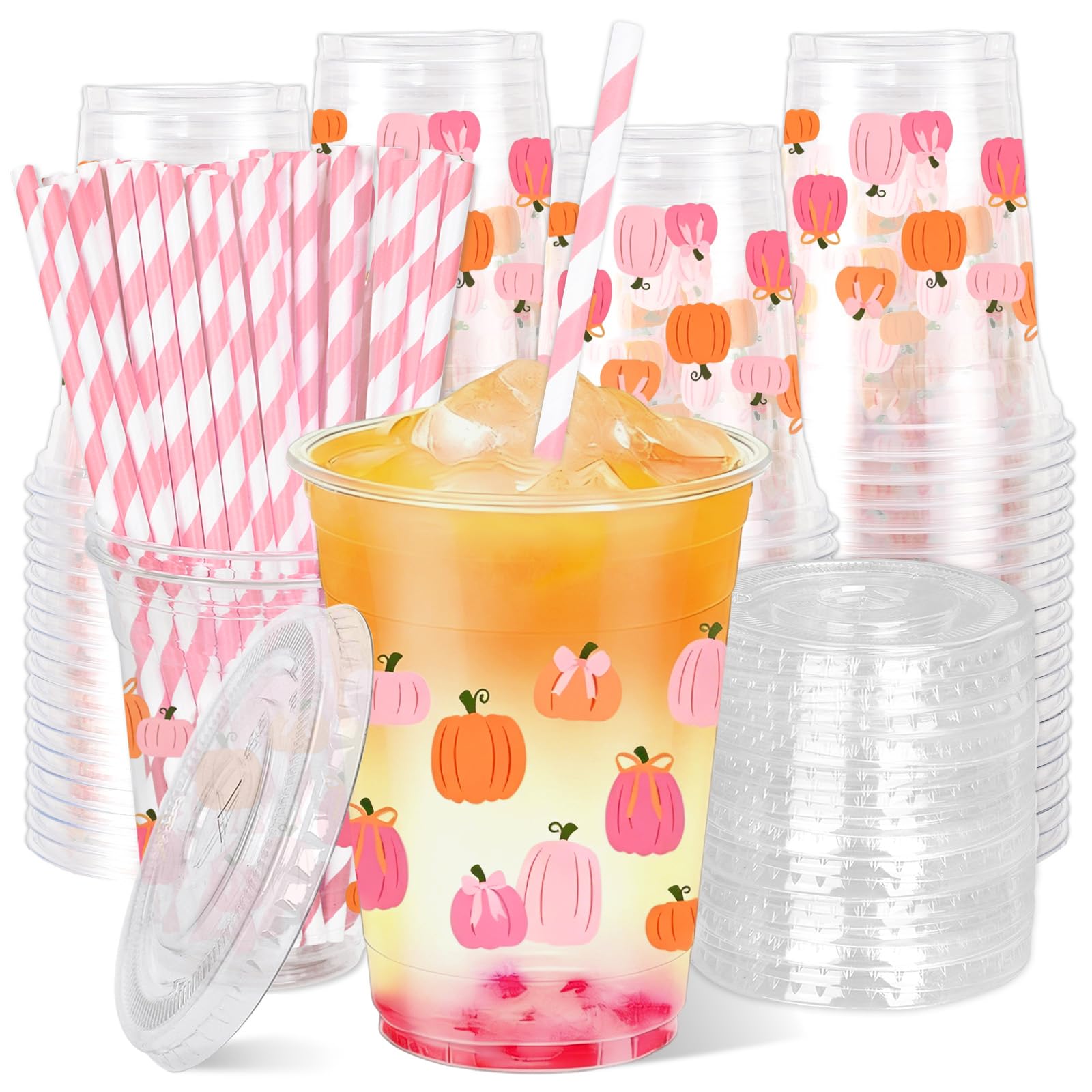 Whaline 50Pcs 12Oz Fall Disposable Plastic Cups with Lids and Straws Cute PinkOrange Bow Pumpkin Cold Beverage Drinking Cup for