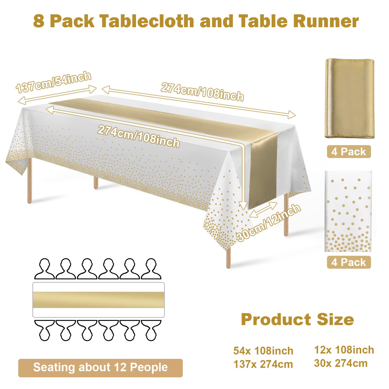 8Pack Disposable Plastic Tablecloths And Satin Table Runner Set White And Gold Dot Tablecloth Gold Satin Table Runner For Weddin