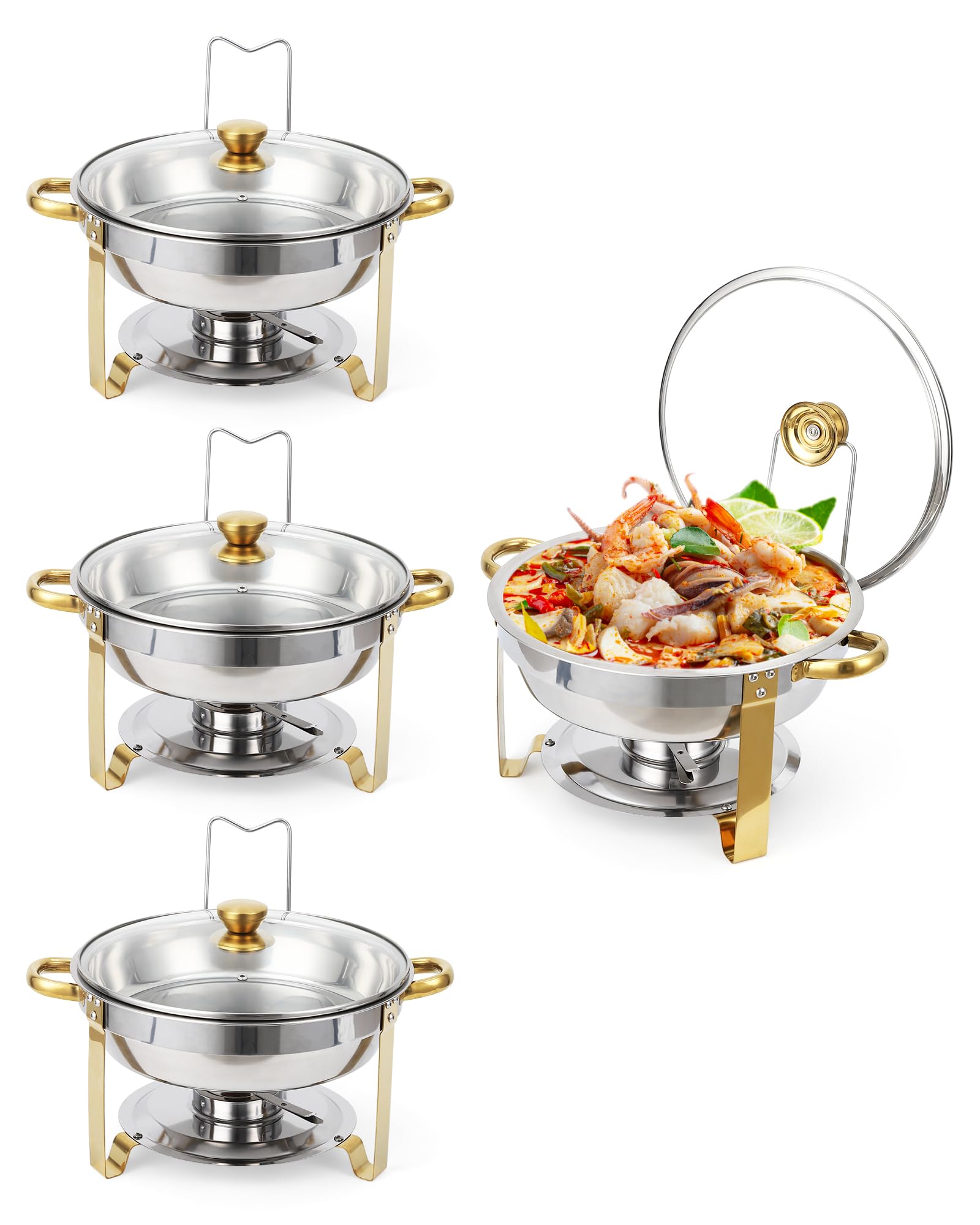 Garvee Chafing Dishes for Buffet, 5 QT Buffet Servers and Warmers Set of 4, Round Chafing Dishes with Glass Lid, Stainless Steel