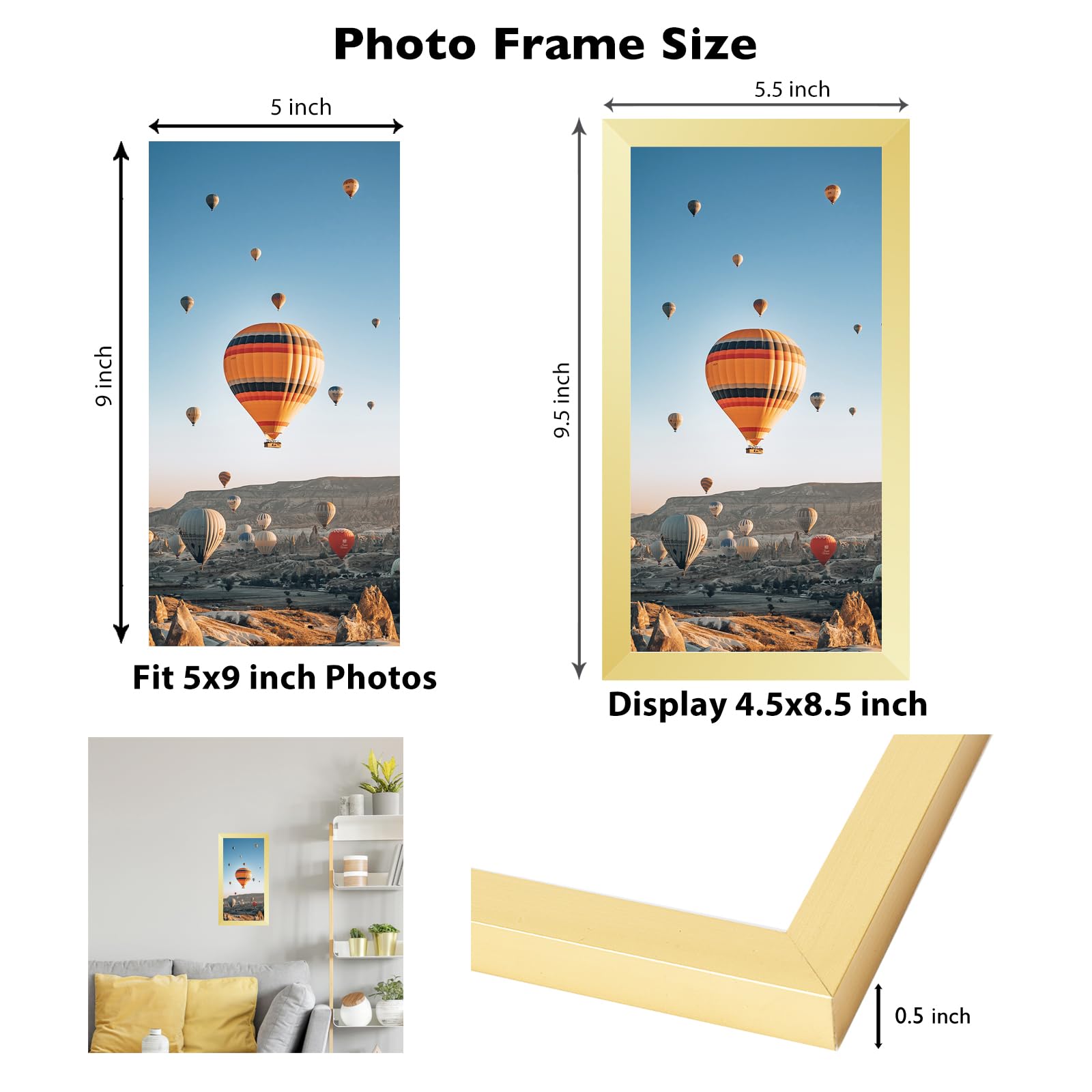 JCJMY 5x9 Picture Frame Gold for Wall Hanging or Tabletop, Wall Mounting Horizontally or Vertically, 5 x 9 Wall Gallery Poster P