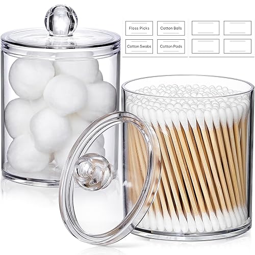 AOZITA 2 Pack Qtip Holder Dispenser for Cotton Ball  Cotton Swab  Cotton Round Pads  Floss - 10 oz Clear Plastic Apothecary Jar Set for Bathroom Canister Storage Organization  Vanity Makeup Organizer