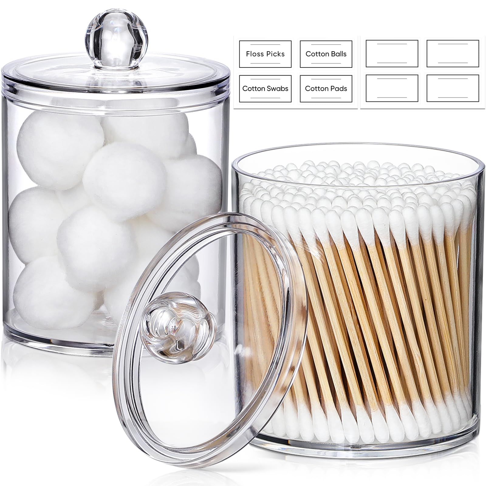 AOZITA 2 Pack Qtip Holder Dispenser for Cotton Ball  Cotton Swab  Cotton Round Pads  Floss - 10 oz Clear Plastic Apothecary Jar Set for Bathroom Canister Storage Organization  Vanity Makeup Organizer
