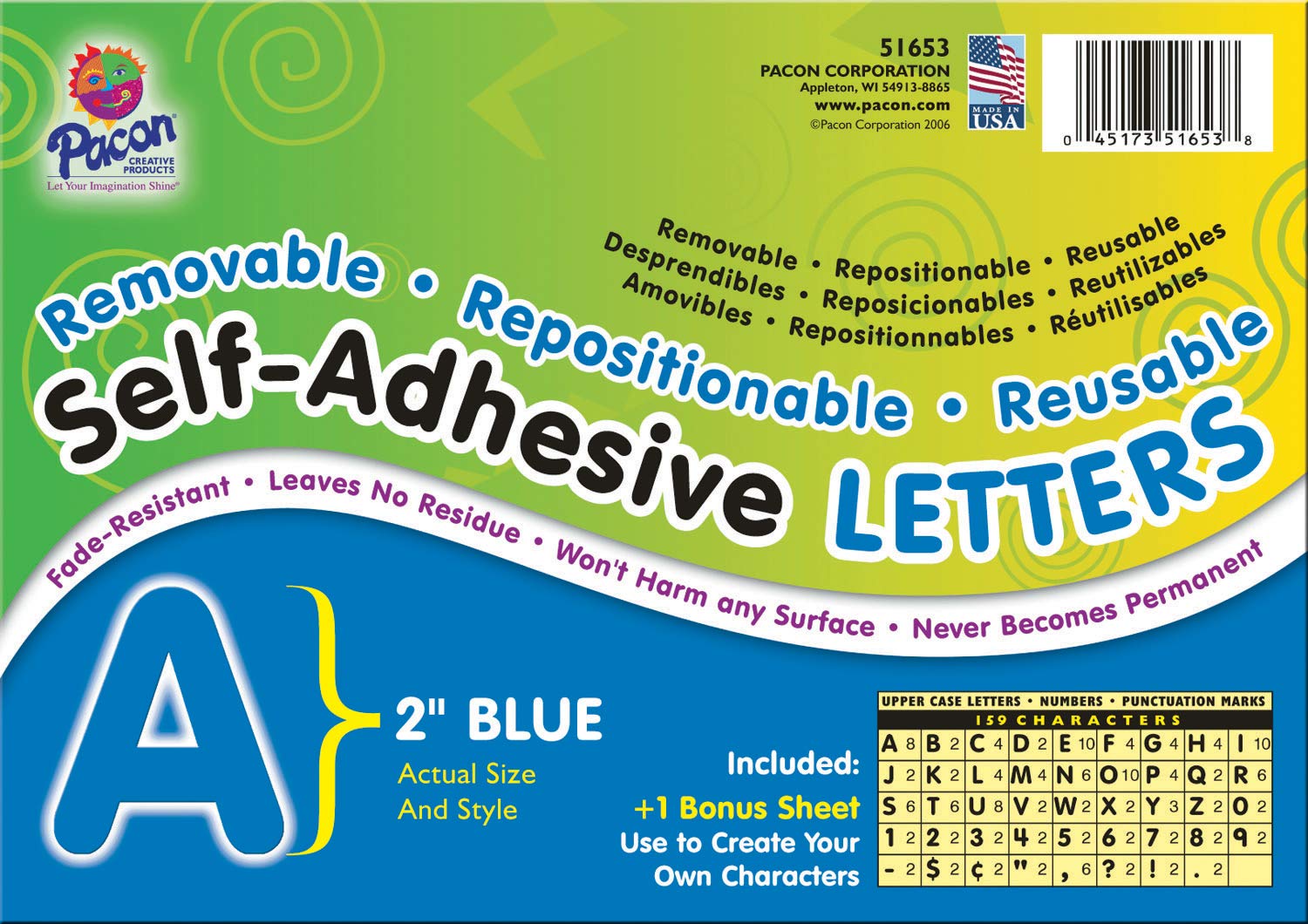 Pacon Pac51653 Self-Adhesive Letters - Removable, Repositionable, Reusable, 2'', Blue, 159 Pieces