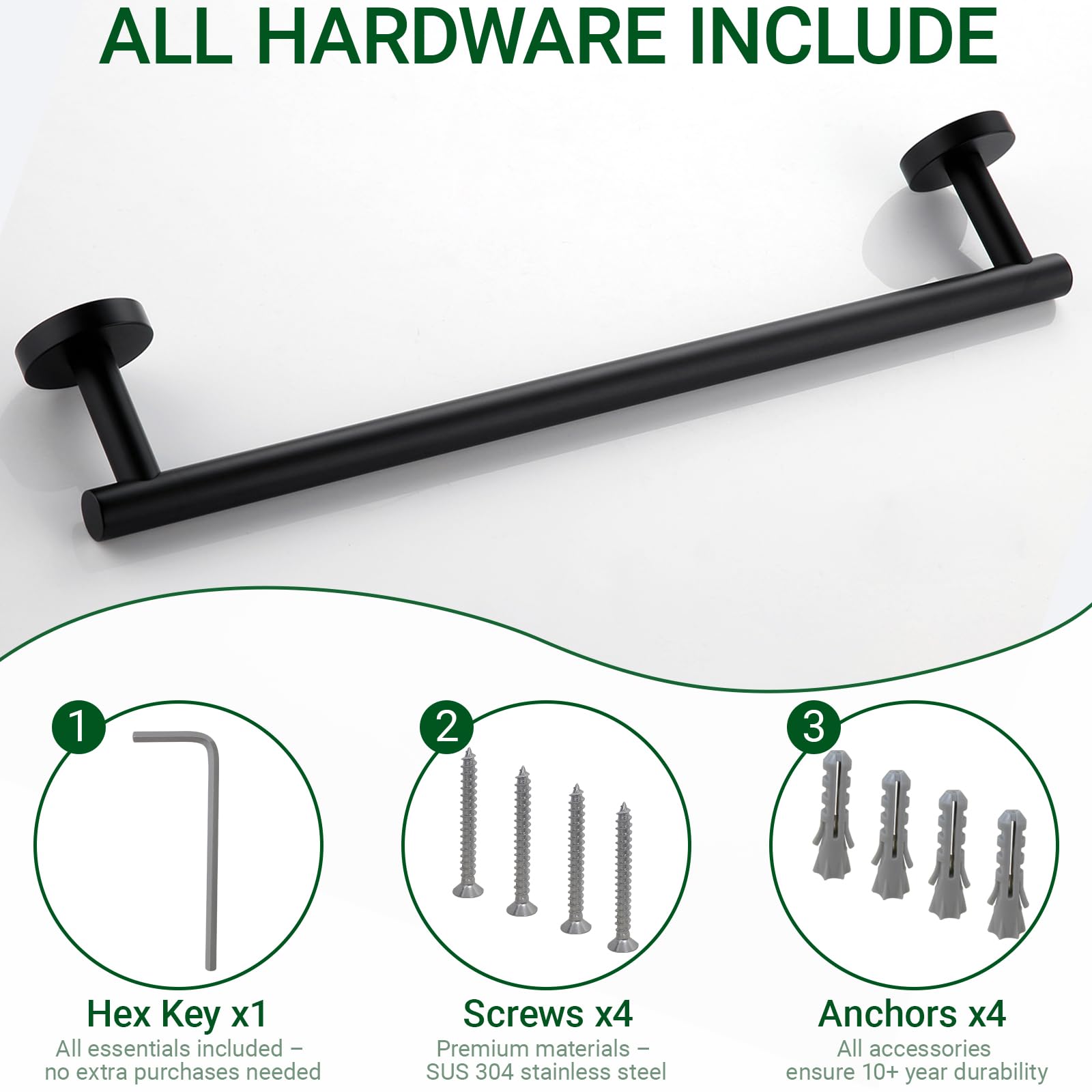 Miyili Matte Black 15.75'' Towel Bar SUS 304 Stainless Steel Towel Holder for Bathroom or Kitchen Wall Mount  A01B40A