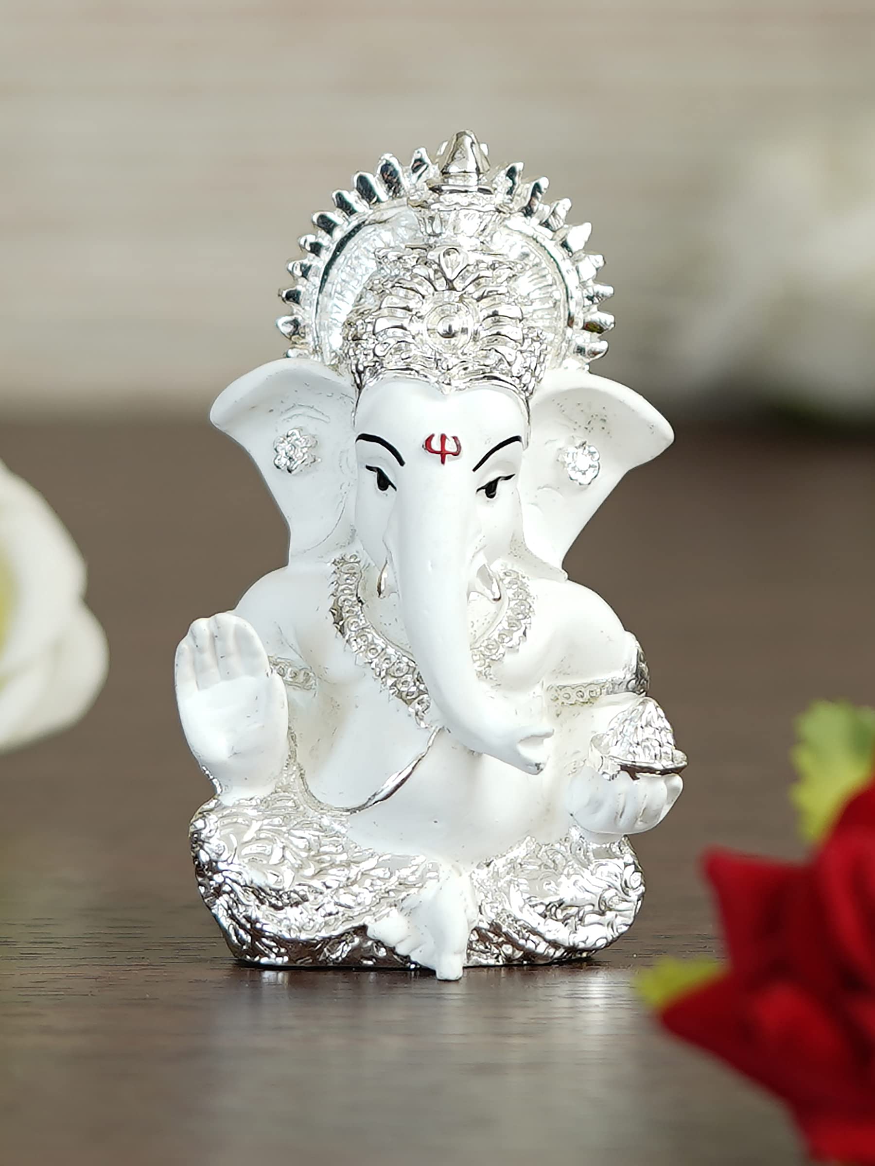 Ecraftindia Silver White Resin Lord Ganesha Idol For Home Decor Office Car Dashboard| Ganesha Statue For Puja Room| Ganpati Murt