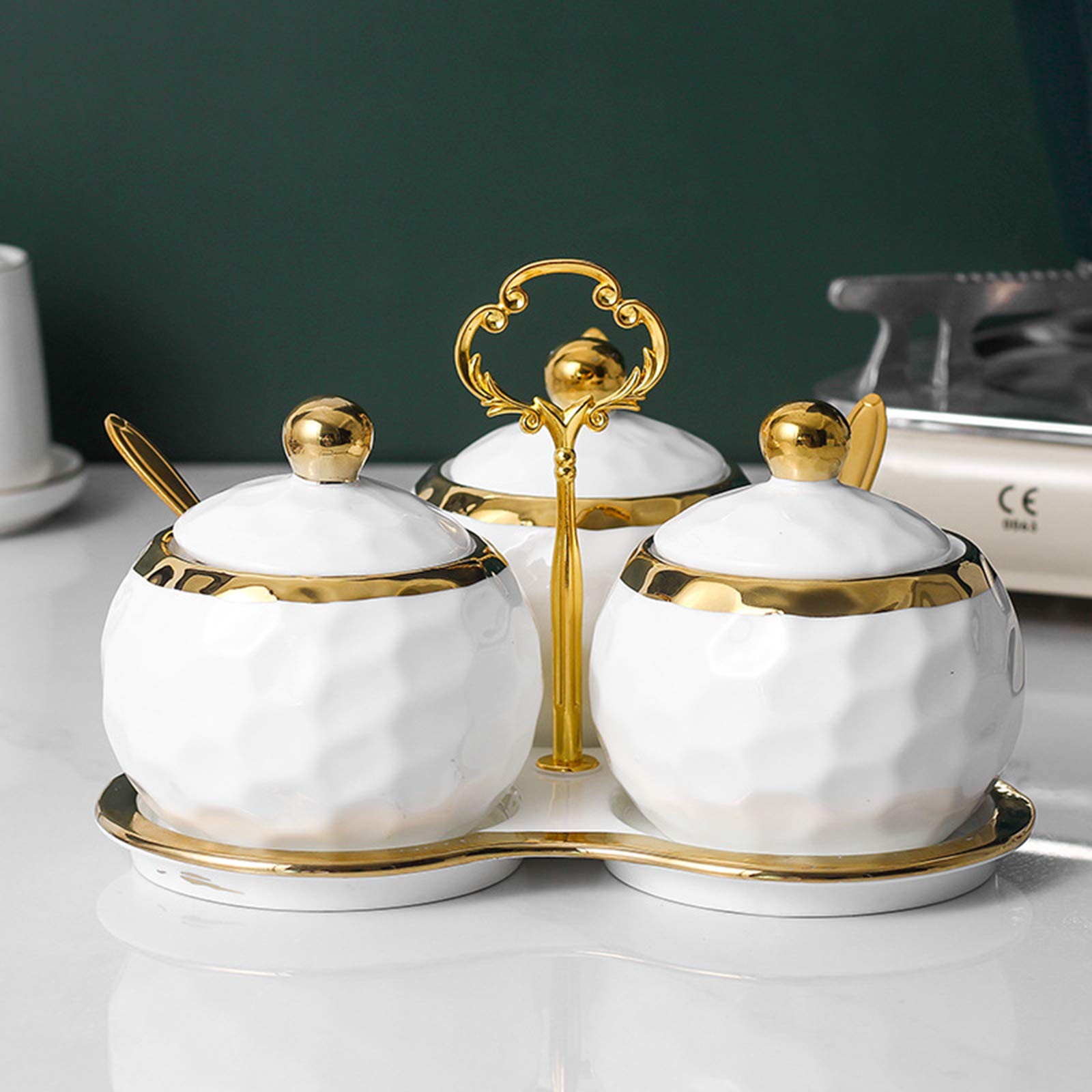 Bihoib Golf Porcelain Sugar Bowl Condiment Pot Salt Container With Lid, Spoon And Tray, Set Of 3, Modern Spice Box Seasoning Jar