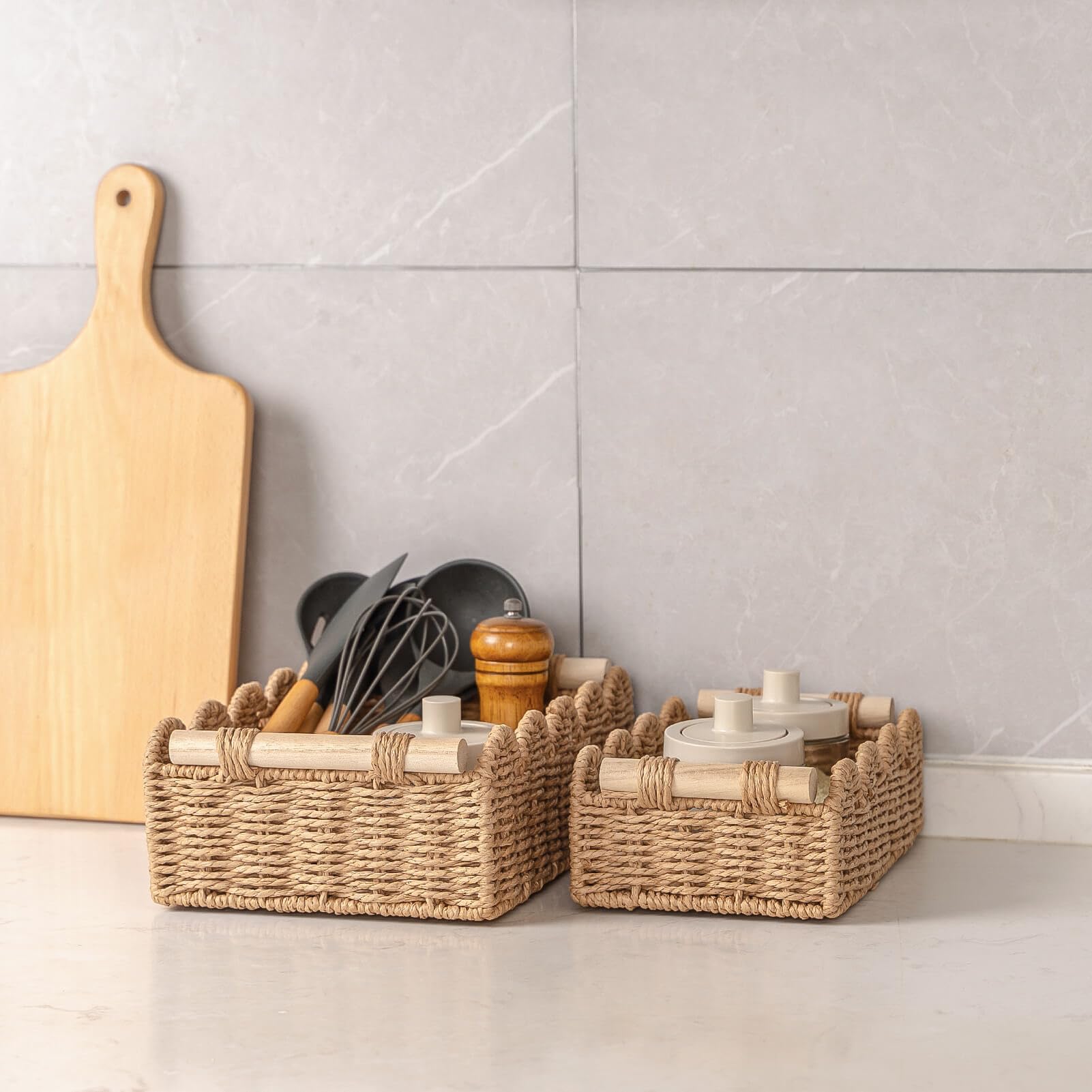CubesLand Paper Rope Scalloped Edge Decor Baskets for Home, Living Room, Bedroom, Toilet Basket for Over Toilet Storage Shelf, E