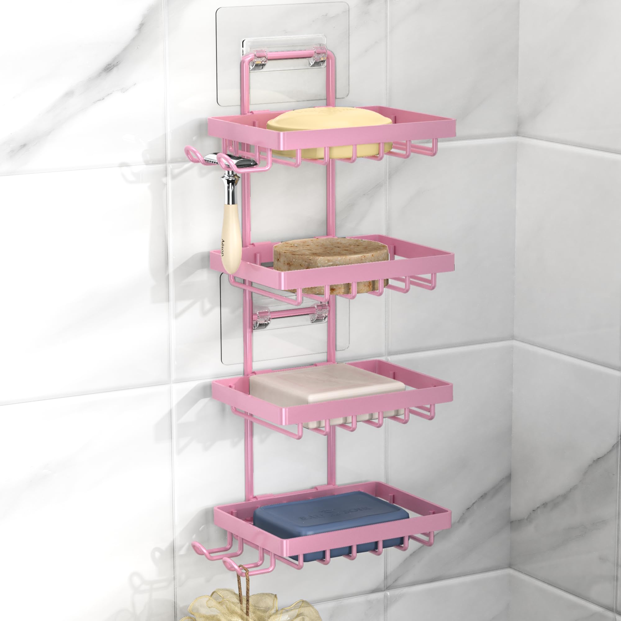 Moforoco Soap Dish Holder For Shower Wall, No Drilling, 304 Rustproof Stainless Steel, Soap Bar Holder With 4 Hooks And Razor Ho