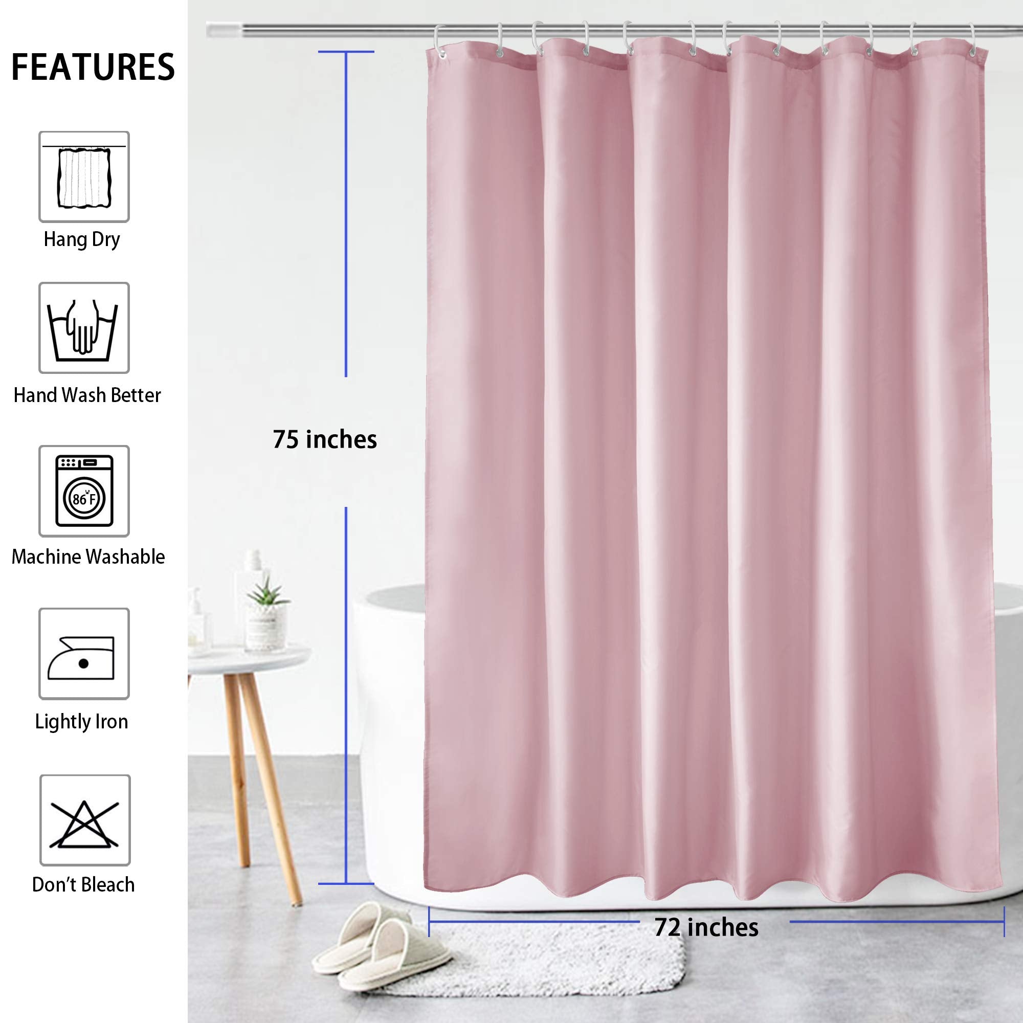 AooHome Solid Pink Shower Curtain  Fabric Weighted Hem Shower Liner with Hooks  Reinforced Metal Grommets  Waterproof  72x75 inch