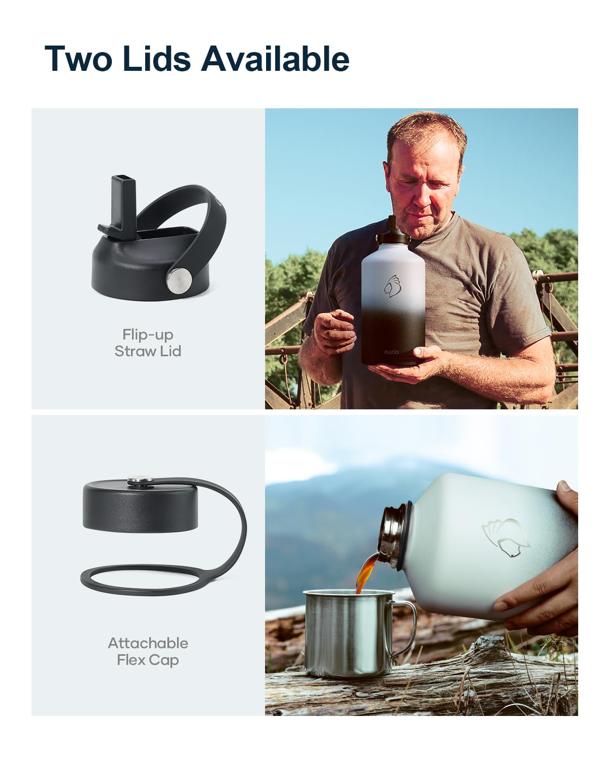 Buzio 1 Gallon Water Bottle, 128Oz Insulated Water Jug Double Walled Vacuum Stainless Steel Travel Flask (Cold For 48 Hrs), Leak