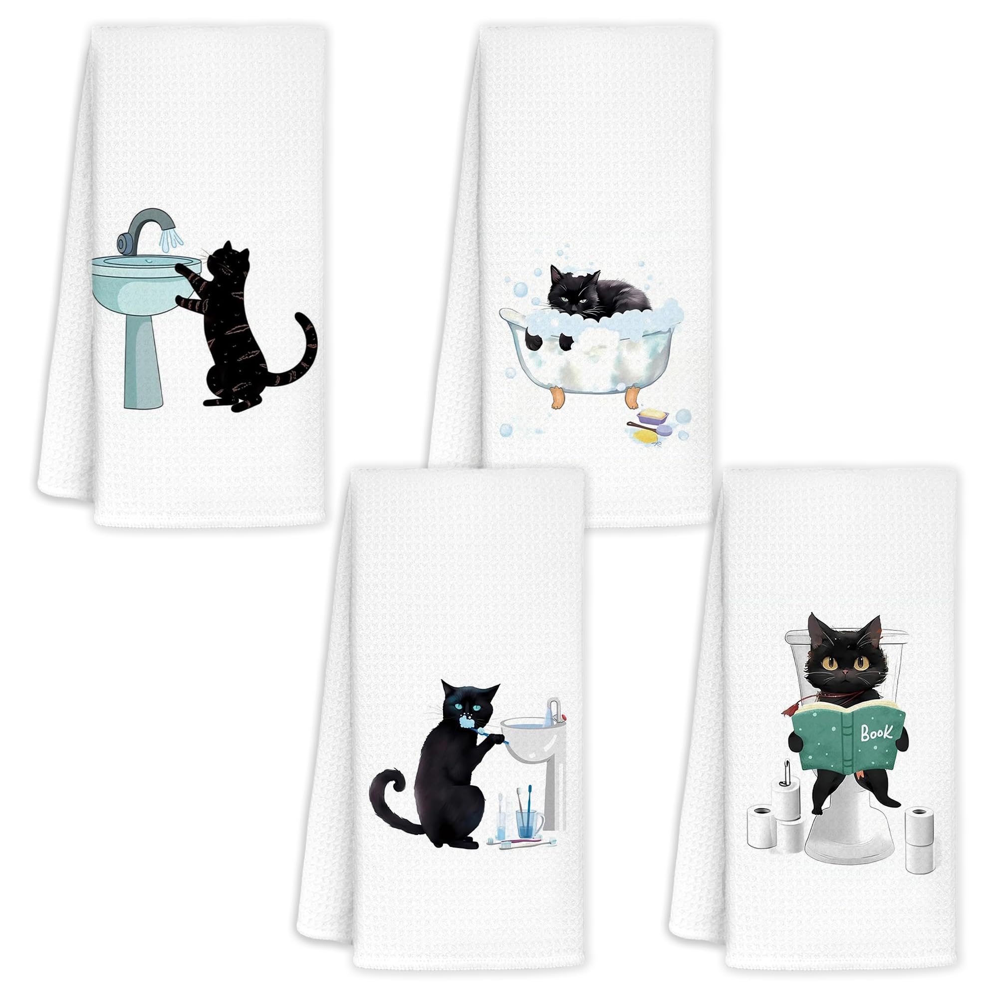 Jvpke Funny cat Hand Towel for Bathroom Set of 4 - Black Cat Decor, Cat Towels for Cat Lovers, cat Lover Gifts for Women, Cat Ba