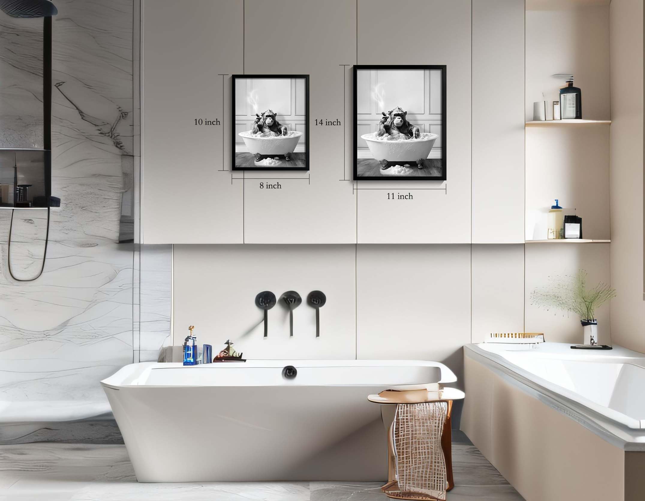 Framed Bathroom Decor Wall Art, Chimpanzee In Bathtub, Black And White Wall Art, Funny Bathroom Wall Decor Signs, Cute Animal Ar