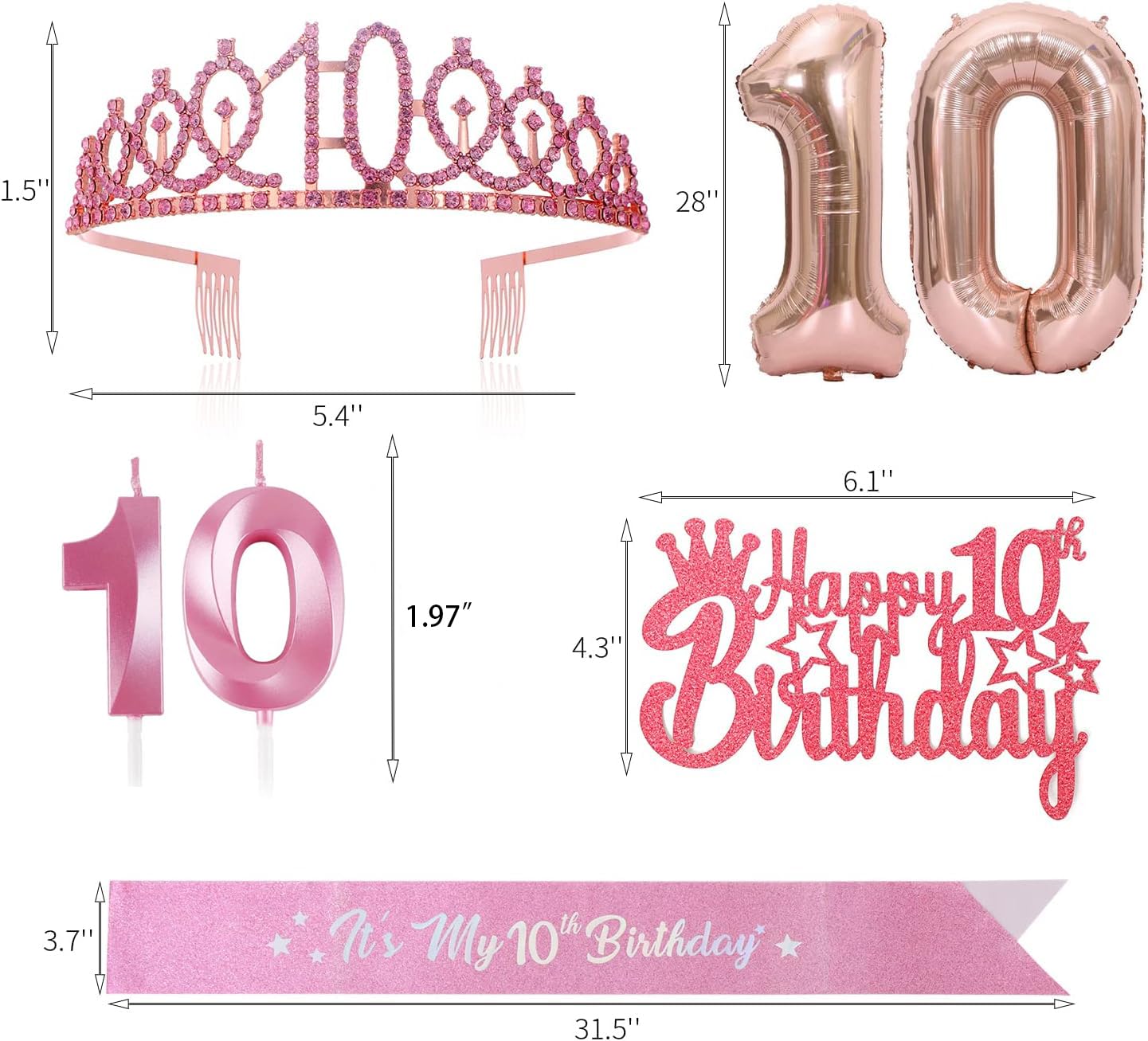 10Th Birthday Candle Sash And Tiara,It'S My 10Th Birthday Sash Rhinestone Crown Happy Birthday Cake Topper Foil 10 Balloon For G