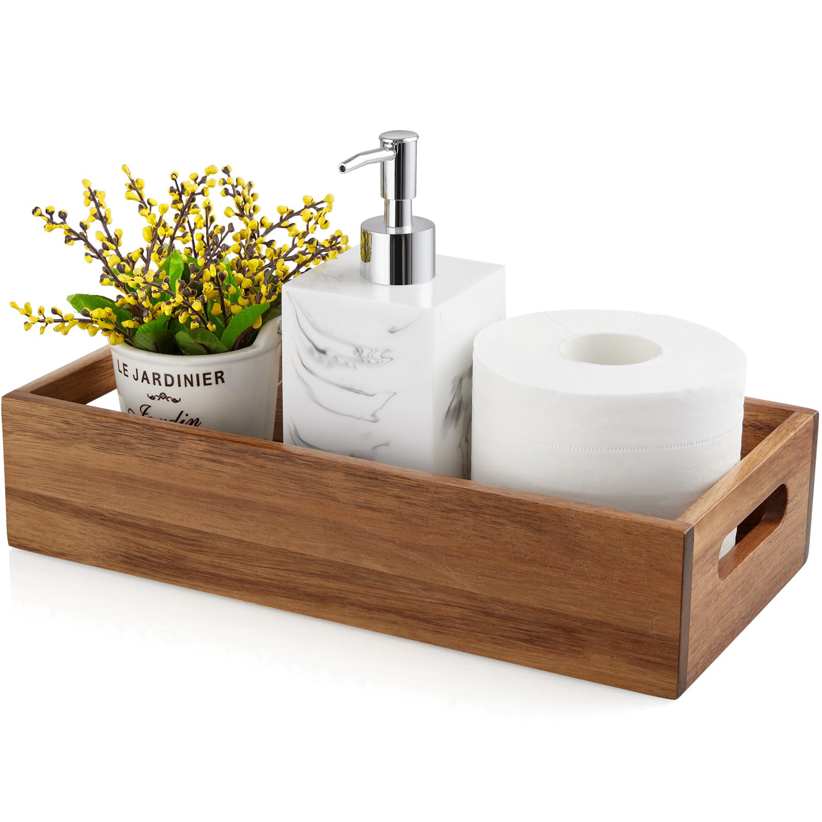 ALELION Acacia Wood Bathroom Storage Basket for Organizing - Toilet Paper Basket with Handle for Back of Toilet Tank Top Topper 