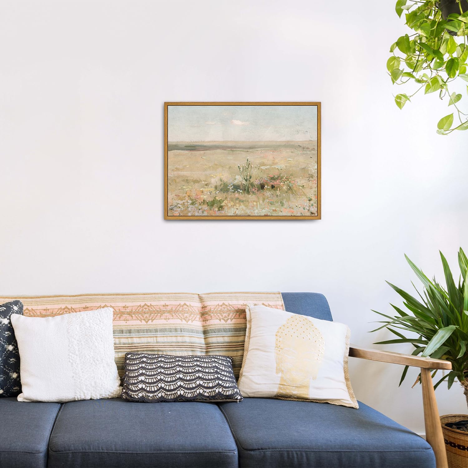 Roslynity Framed Canvas Wall Art Vintage Print Oil Paintings Meadow Landscape Summer Country Soft Green Pastel Retro Aesthetic A