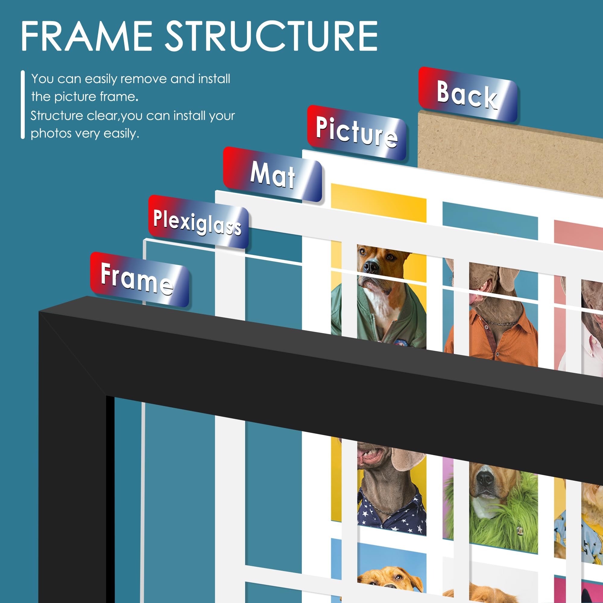 DUENPY 18x26 Collage Picture Frames Display Sixteen 4x6 Picture Collage Wall Decor Wall Hanging or Tabletop Black