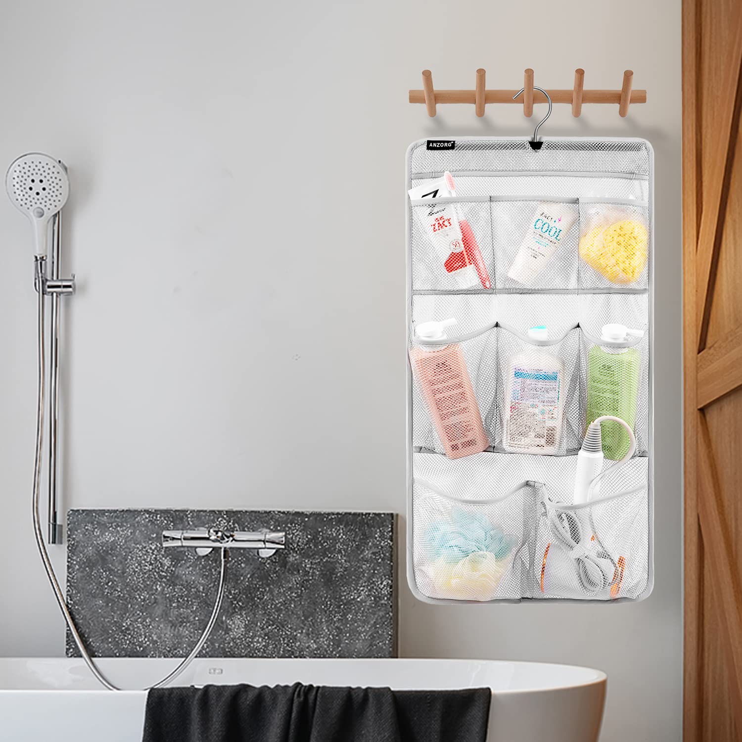 Anzorg Mesh Shower Organizer Hanging Caddy Quick Dry Bathroom Storage For Toiletry Accessories With Rotating Hanger (8 Pockets)