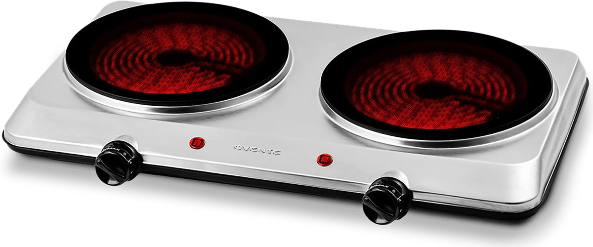 Ovente Countertop Infrared Double Burner, 1500W Electric Hot Plate And Portable Stove With 7.5 Ceramic Glass Cooktop, 6 Level Te