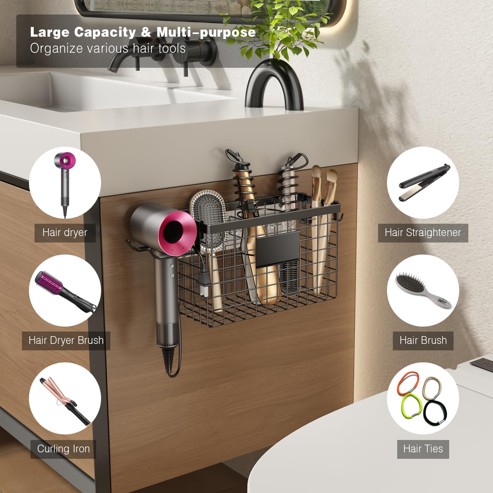 Voldra Hair Dryer Holder Cabinet Door, Adhesive Hair Tool Organizer Wall Mount Adjustable Height Blow Dryer Holder Under Sink/Co