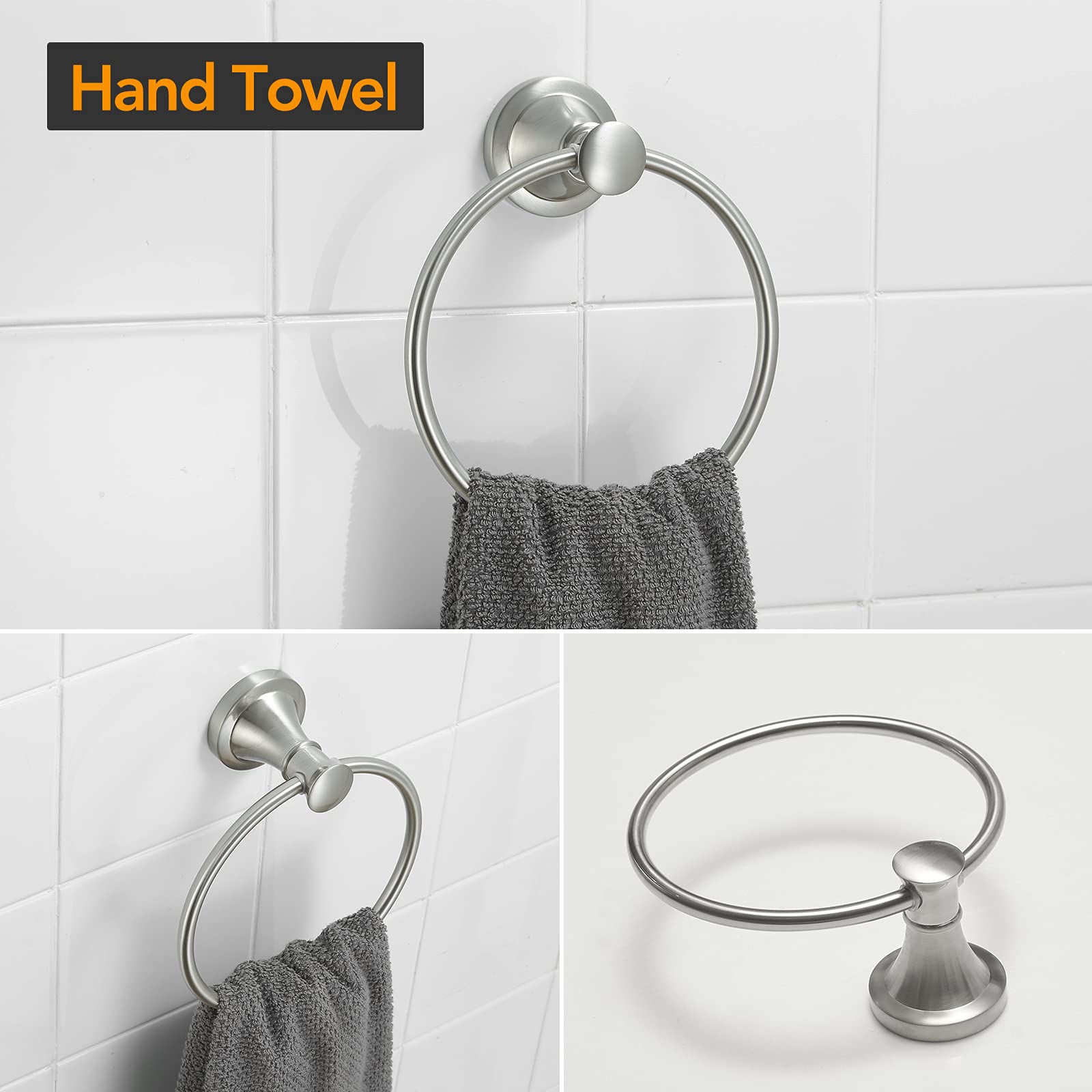 BESy Brushed Nickel 4 Piece Bathroom Accessories Set (Single Towel Bar  Towel Ring  Toilet Paper Holder  Double Towel Hooks)  Wall Mounted Bath Hardware Accessory Fixtures Rack Set