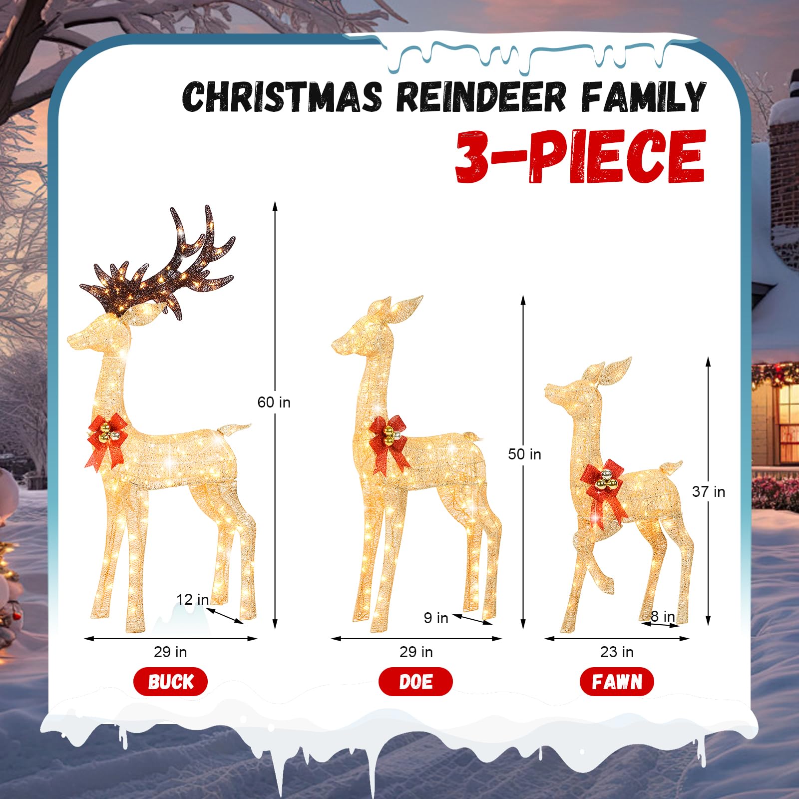 3-Piece 5Ft Lighted Christmas Deer Family Set, 3D Outdoor Christmas Decorations Yard with 280 Warm White LED Lights for Outdoor