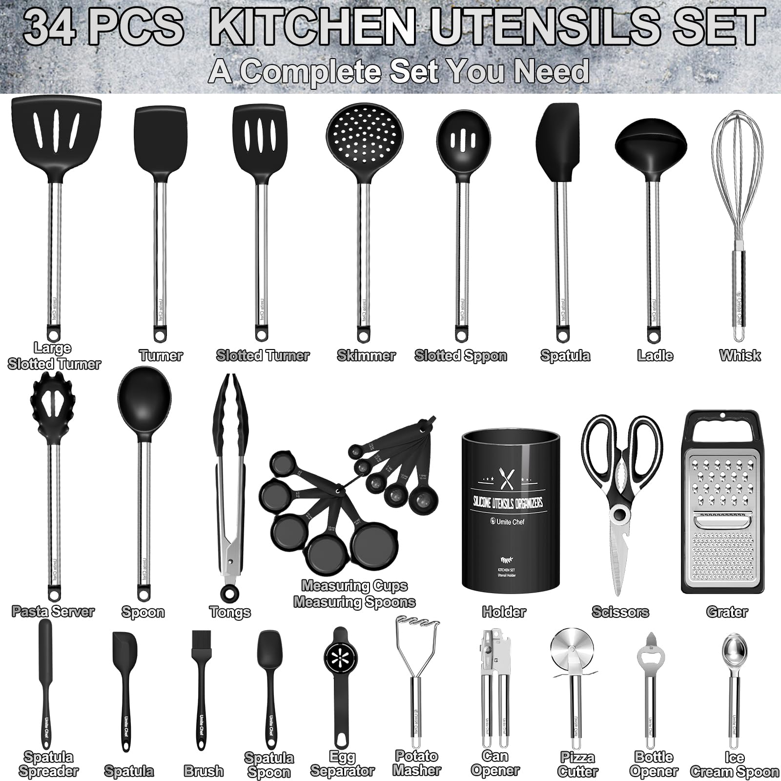 Kitchen Utensils Set-Umite Chef 34 Pcs Silicone Cooking Utensils Set For Nonstick Cookware-Silicone Spatulas Set, Stainless Stee