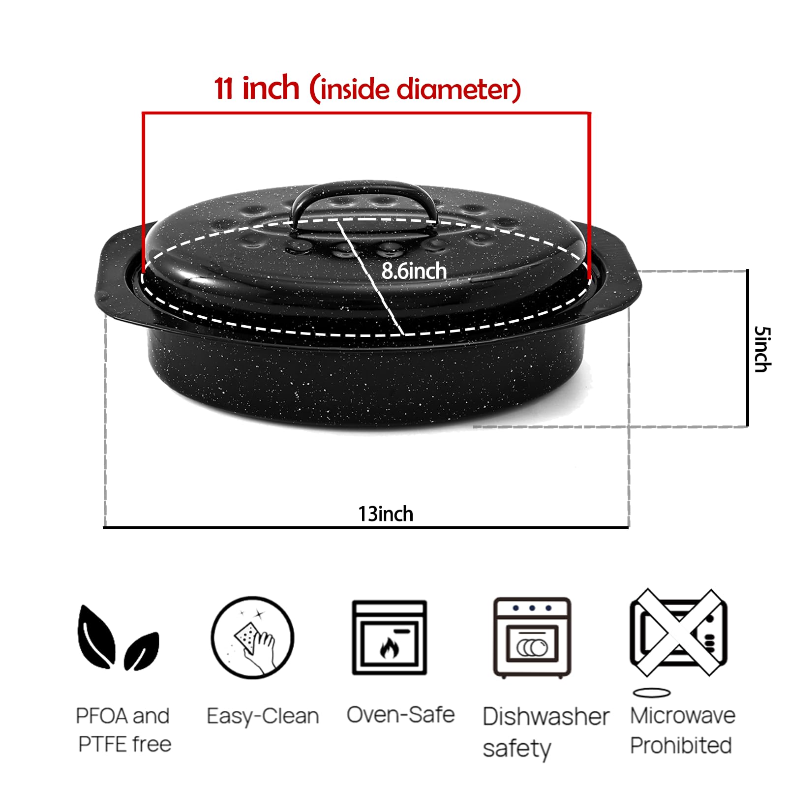 13?Enamel Roaster With Lid Oval Roasting Pan For Oven with 11 Inner Diameter Broiler Pan Suitable For Dining With Two People Hig