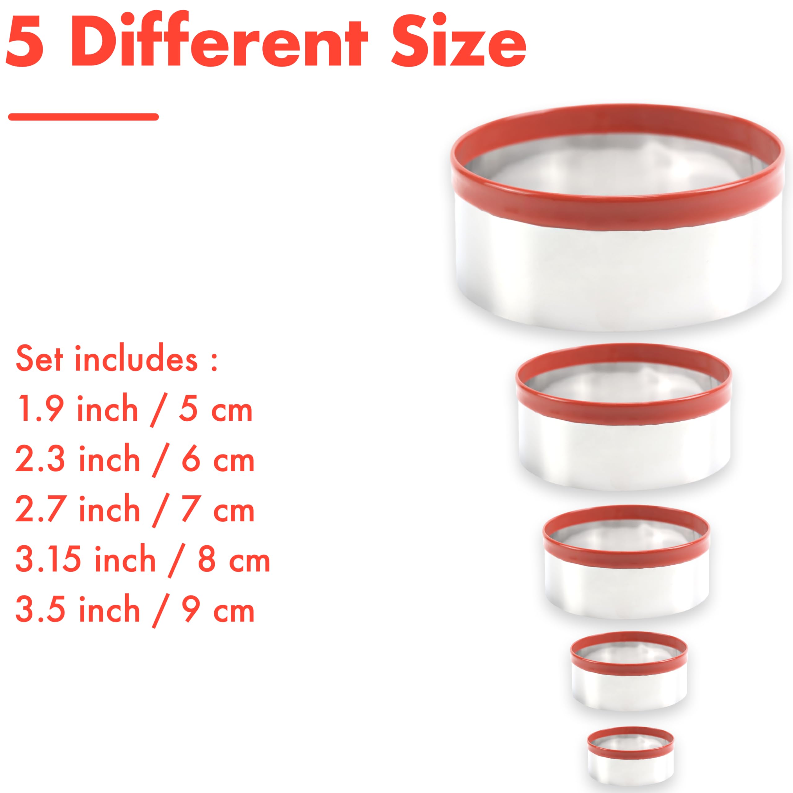 5 Pcs Round Circle Cookie Cutters 1.9'', 2.3'', 2.7'', 3.1'', 3.5'', 0.4Mm Thickness Heavy Duty Food-Grade Stainless Steel, Bisc