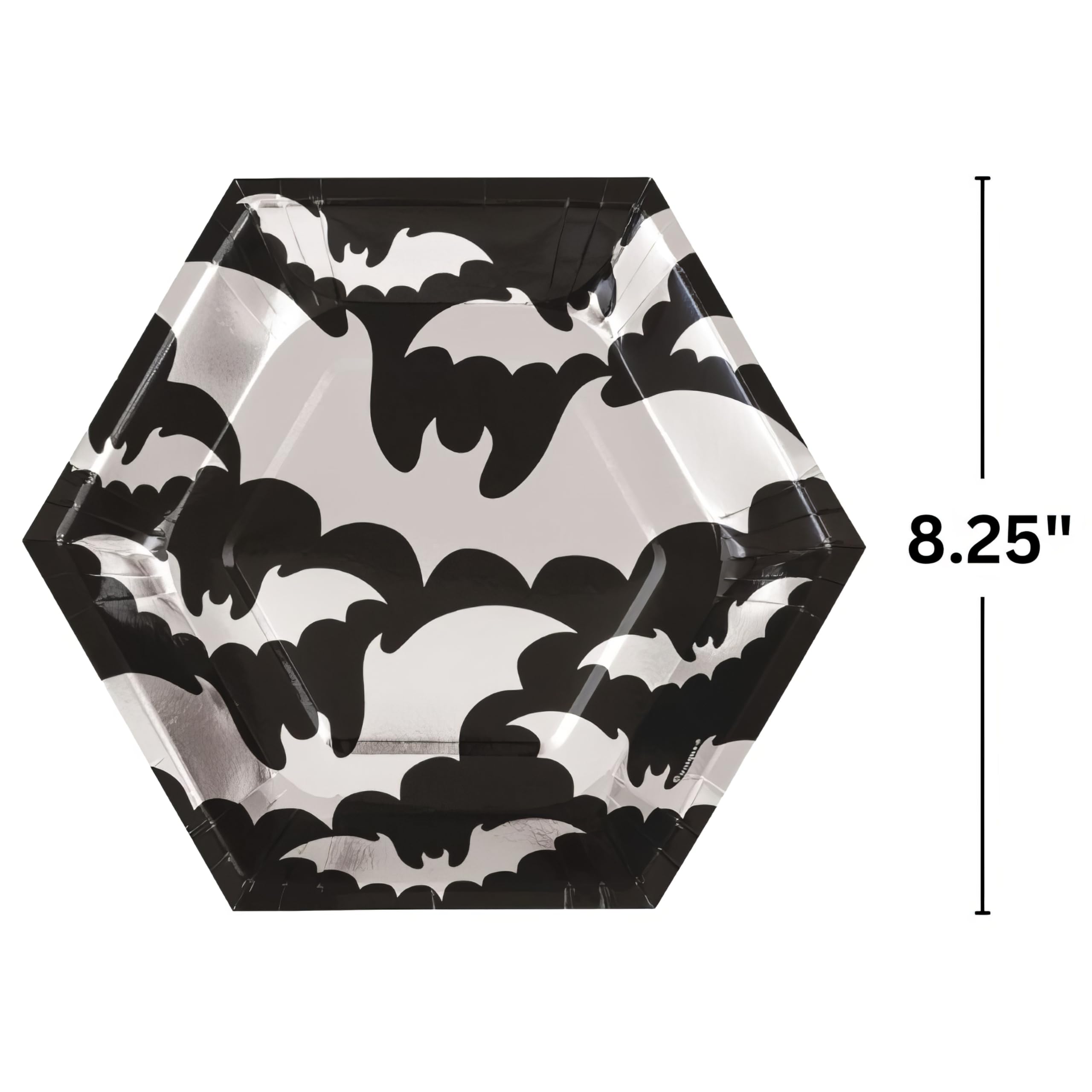 Unique Enchanting Foil Stamped Silver Bats Hexagonal Halloween Dessert Paper Plates (8.25'') - 8 Ct -Ideal For Seasonal Parties