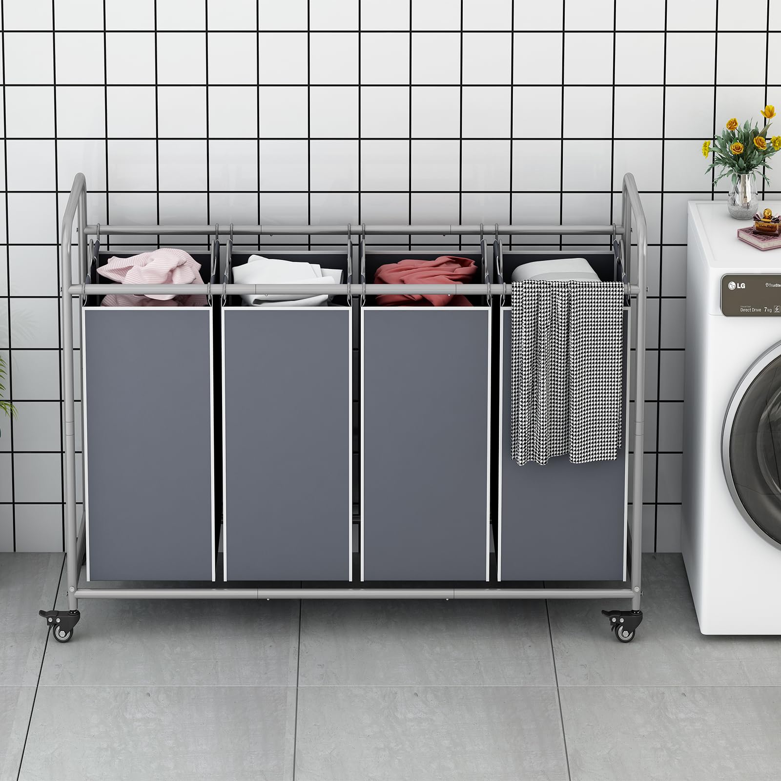 Linzinar 4 Bag Laundry Basket Sorter Laundry Hamper Cart With Heavy Duty Rolling Lockable Wheels And Removable Bags, Grey