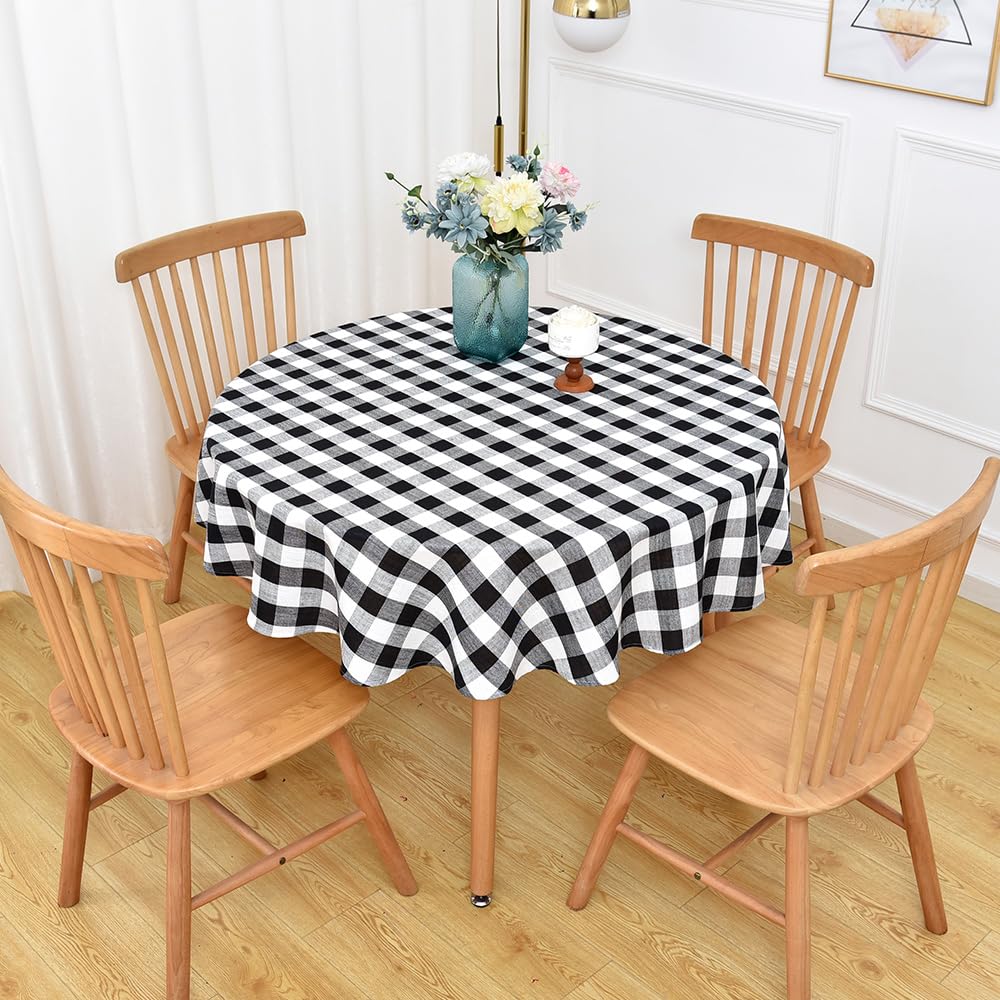 Yofori Gingham Round Tablecloth Table Cloth Heavy Duty Cotton Checkered Table Cloth Round Cover for Dining Room (R-Black, 53 inc