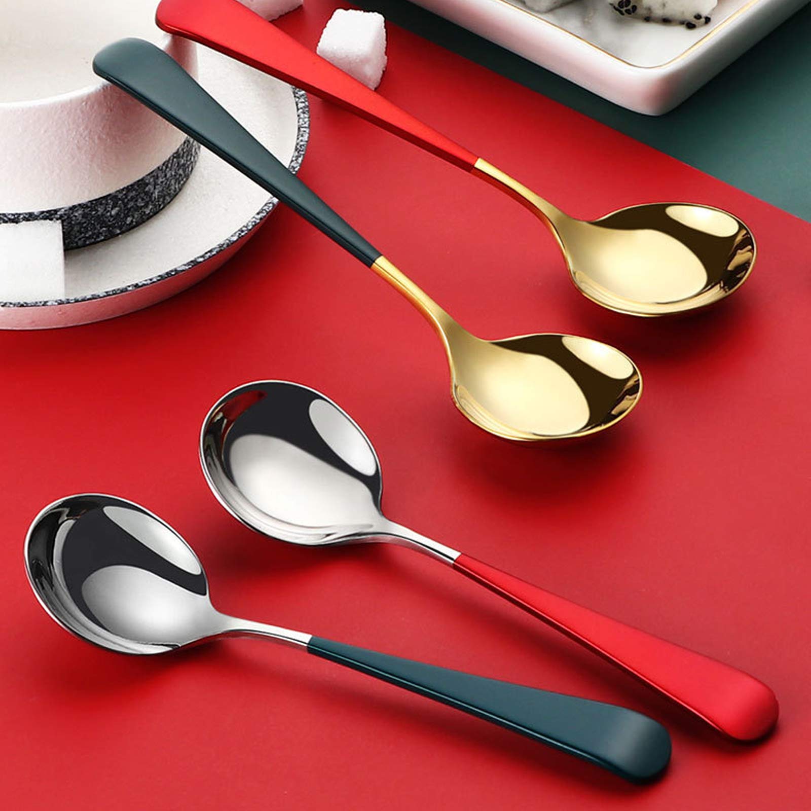 Soup Spoons Stainless Steel, 18/10 Round Head Soup Spoons, Modern Thick Short Handle 304 Stainless Steel Korean Spoon, Dinner Me