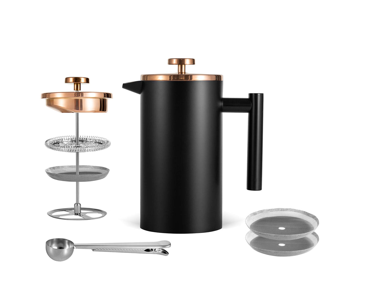Meelio Small French Press 350Ml Coffee Maker, Black Double-Wall Insulated French Press Coffee Press Stainless Steel, Included 2