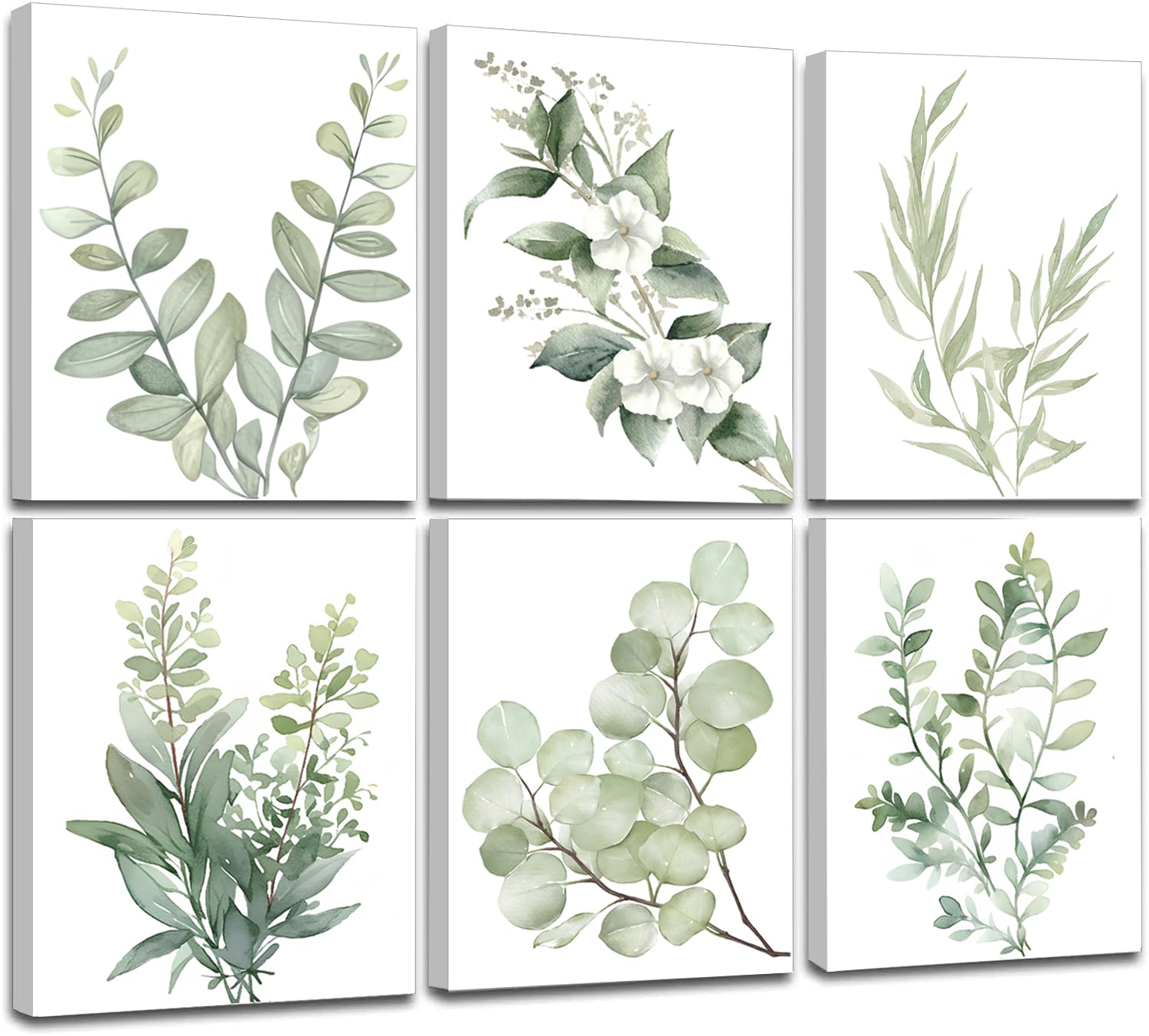 Induslyfe Framed Eucalyptus Sage Green Botanical Plant Wall Art Canvas Decor Set Of 6, Nature Wall Art Prints Posters Art, Eucal