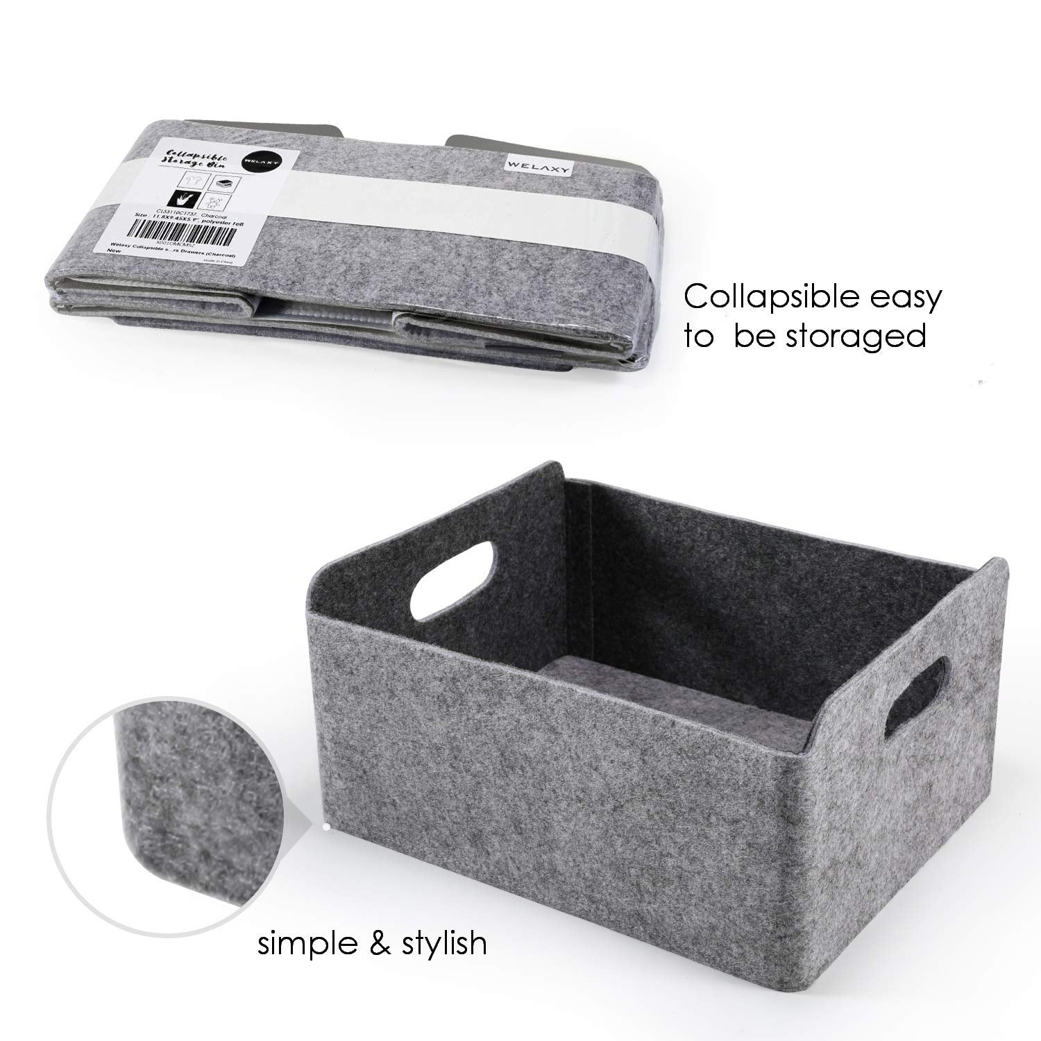 Welaxy storage basket Felt Foldable Drawer Organizer bin Cube Shelf Small box for Kids Toys Books Clothes Office Bedroom Closet Babies Nursery organizing(Charcoal