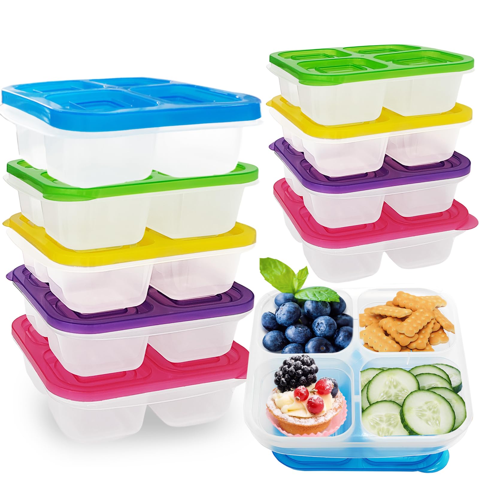 10 Pcs Snack Bento Boxes,4-Compartment Lunch Containers,Reusable Food Container With Lid For Travel,School,Work,Kids Adults