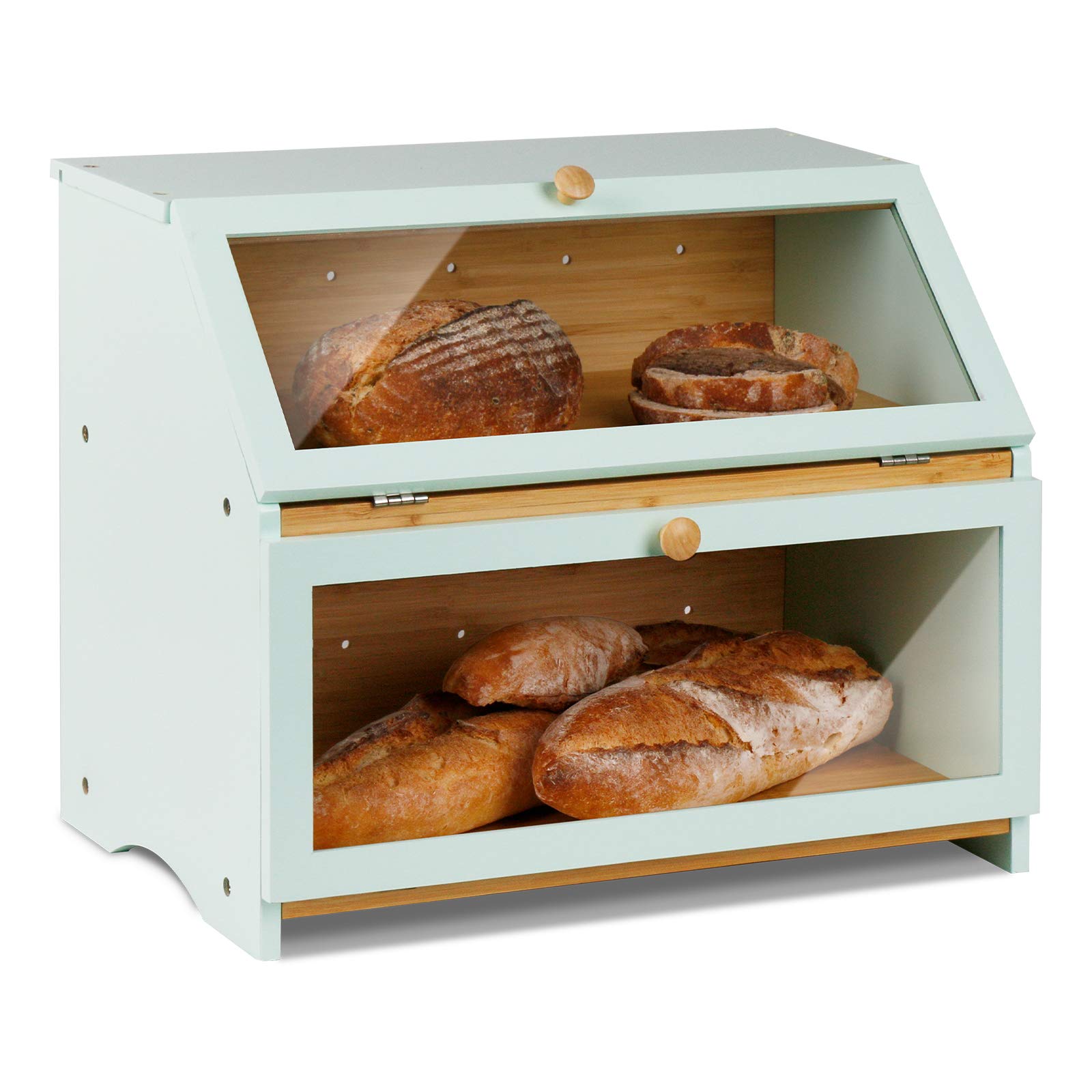 Homekoko Double Layer Large Bread Box For Kitchen Counter, Wooden Large Capacity Bread Storage Bin (Mint Green)