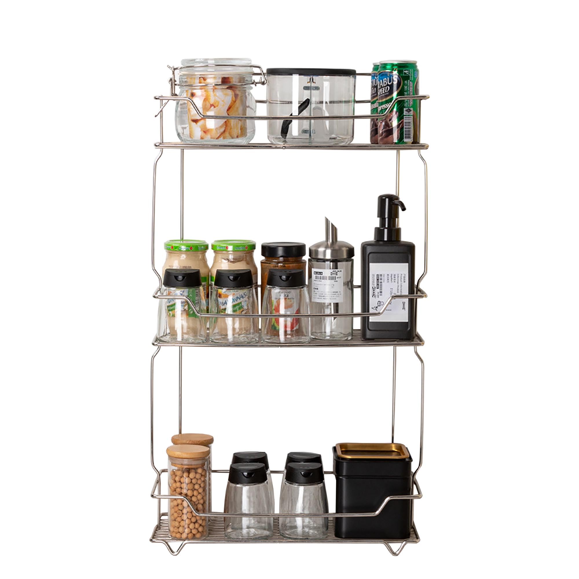Krevia 3 Tier Multifunctional Storage Rack For Kitchen | Free Standing & Hanging Stainless Steel Spice Organizer | Stackable And