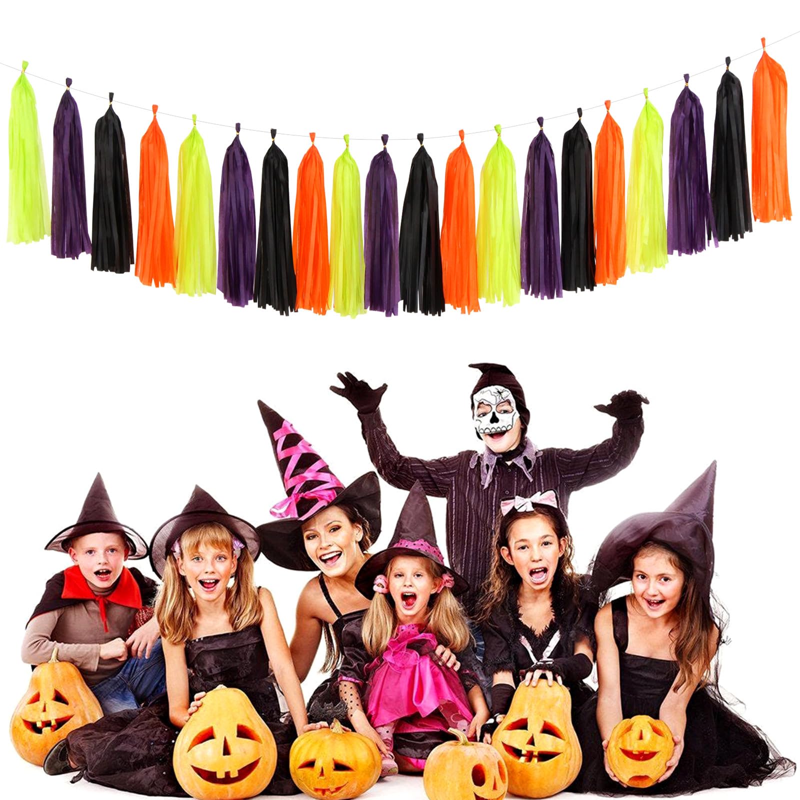 Black-Purple Orange Green Halloween Party-Decorations - 30Pcs Tissue Pom Poms Streamers,Tassel Garland Banner,Birthday Wedding B