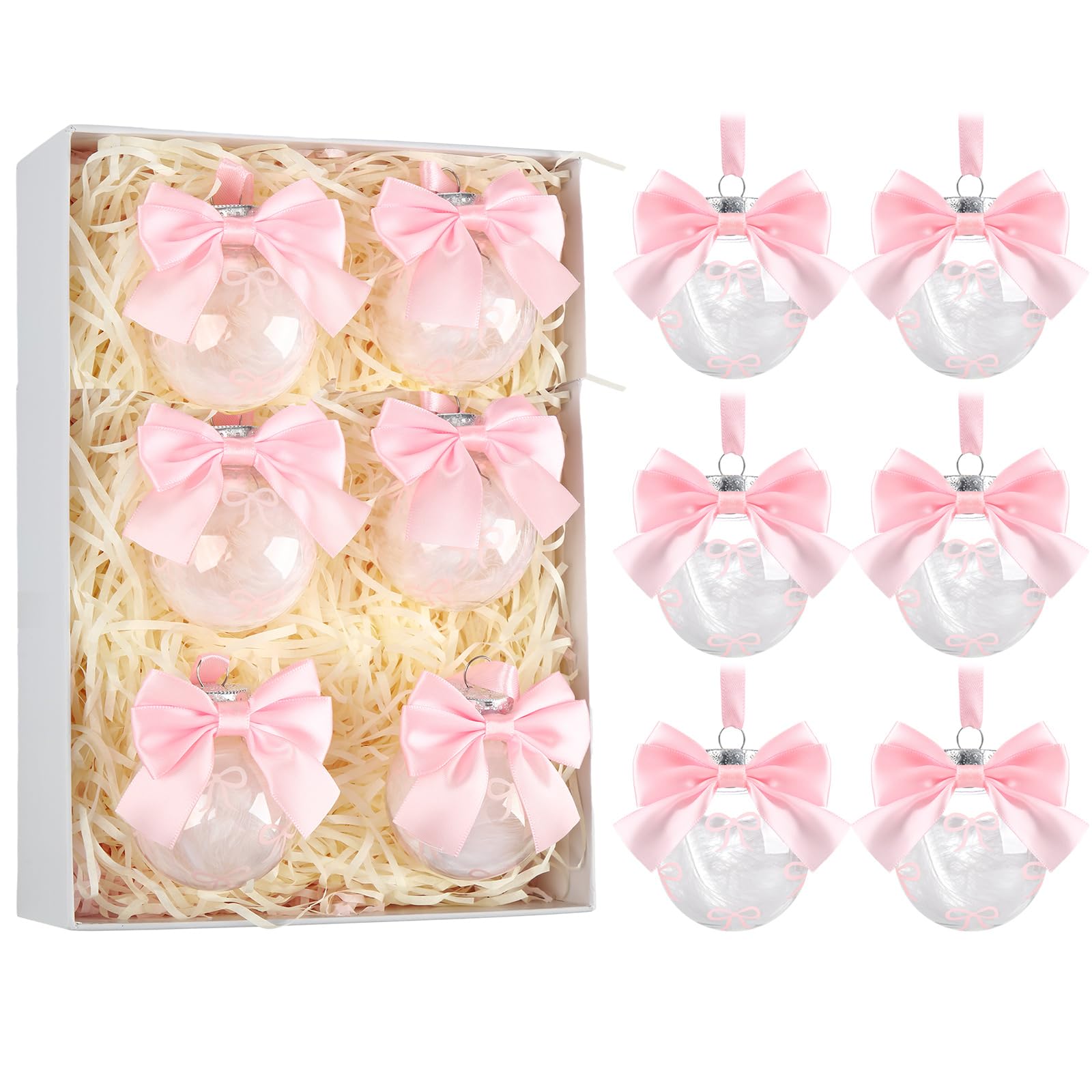 Soulchen 24 Pcs Pink Bow Christmas Tree Ornament Plastic Coquette Christmas Balls with Pink Stain Ribbon Bow Cute Decorative Han