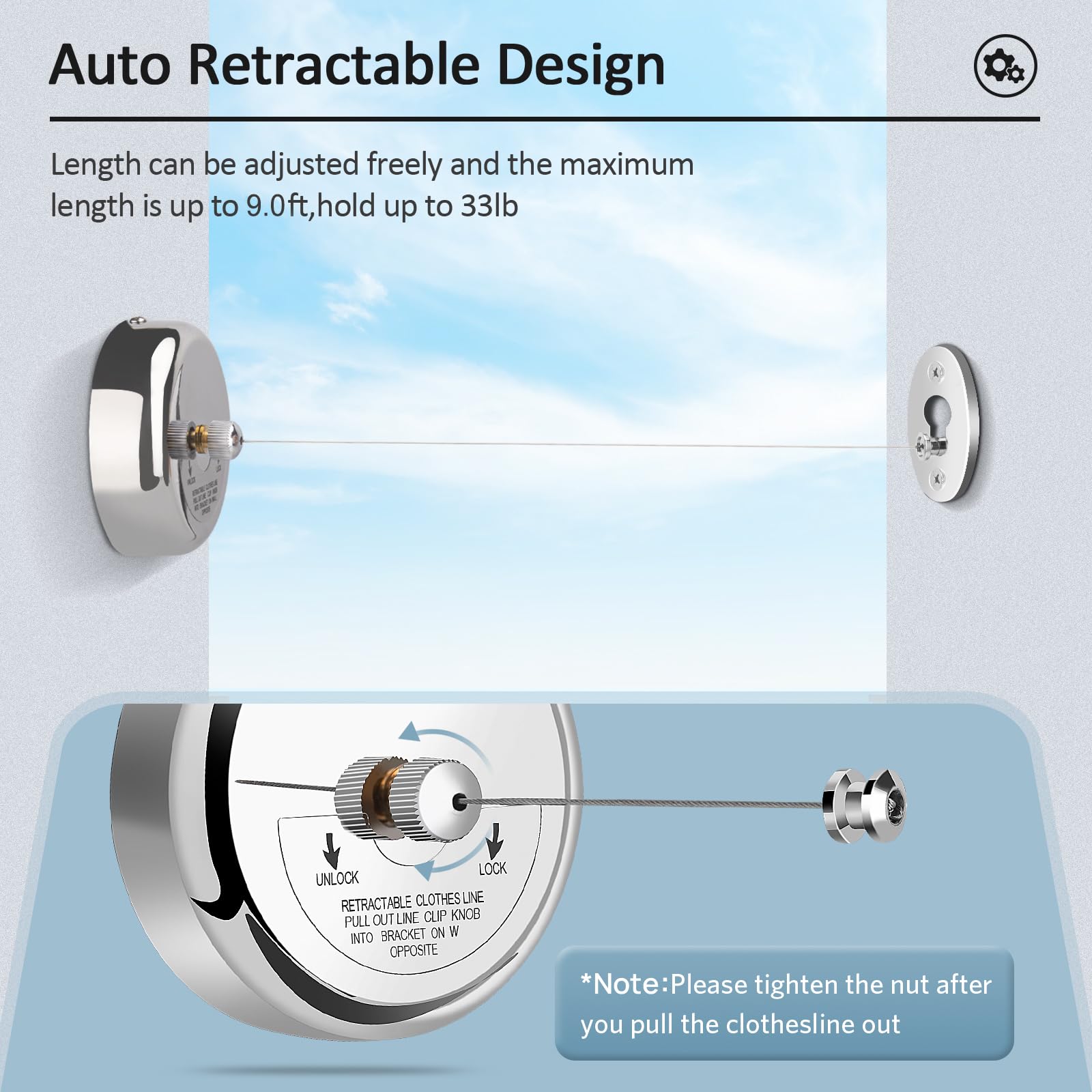 Retractable Clothesline 9.0 Feets, 304 Stainless Steel Clothes Line Dryer With Heavy Duty Adjustable Stainless Steel Rope String