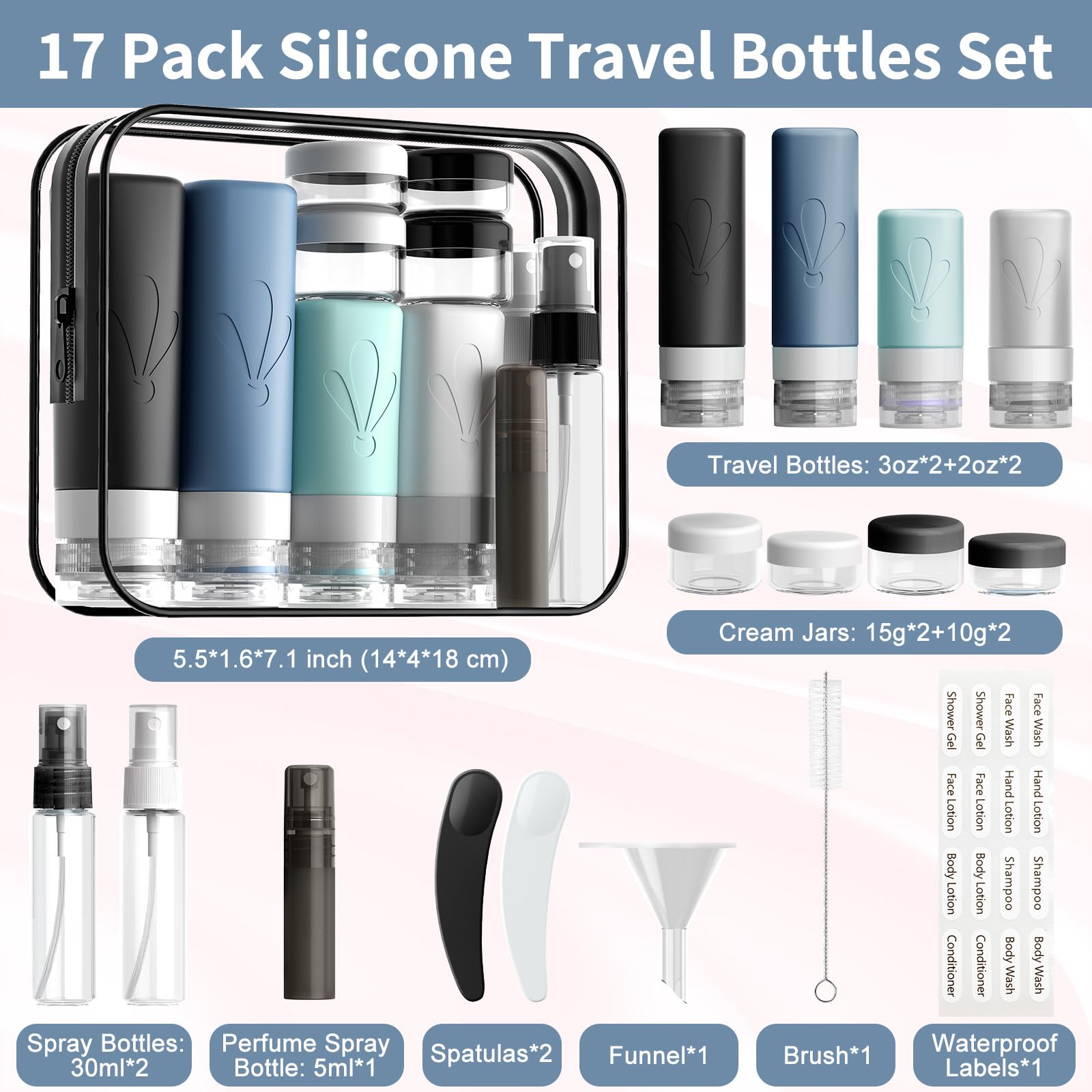 Insfit Silicone Travel Bottles Set, 17 Pack Travel Size Toiletries, Leakproof Travel Bottles For Toiletries, Travel Accessories